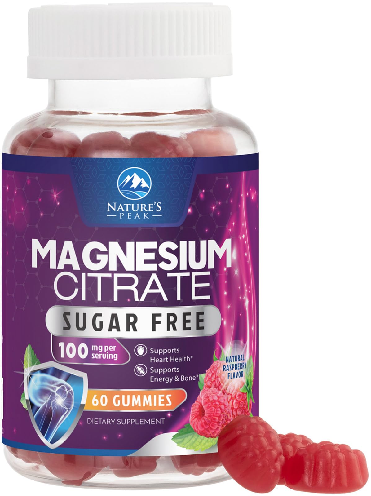 Nature's Peak magnesium citrate gummies bottle front showcases daily wellness.