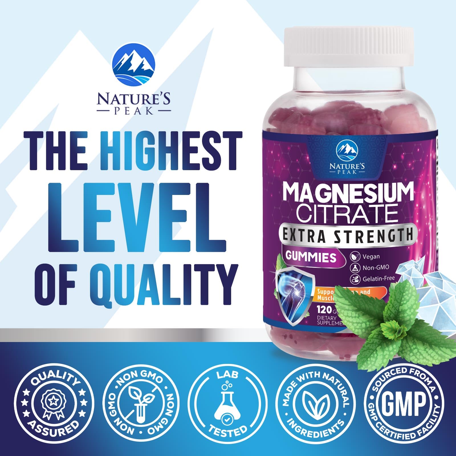 Nature's Peak gummy with vegan symbol signals plant-based magnesium for the family