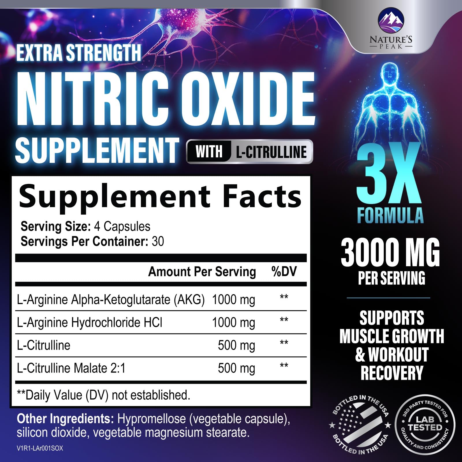 Close-up of Nature's Peak Nitric Oxide capsules for potent ingredients