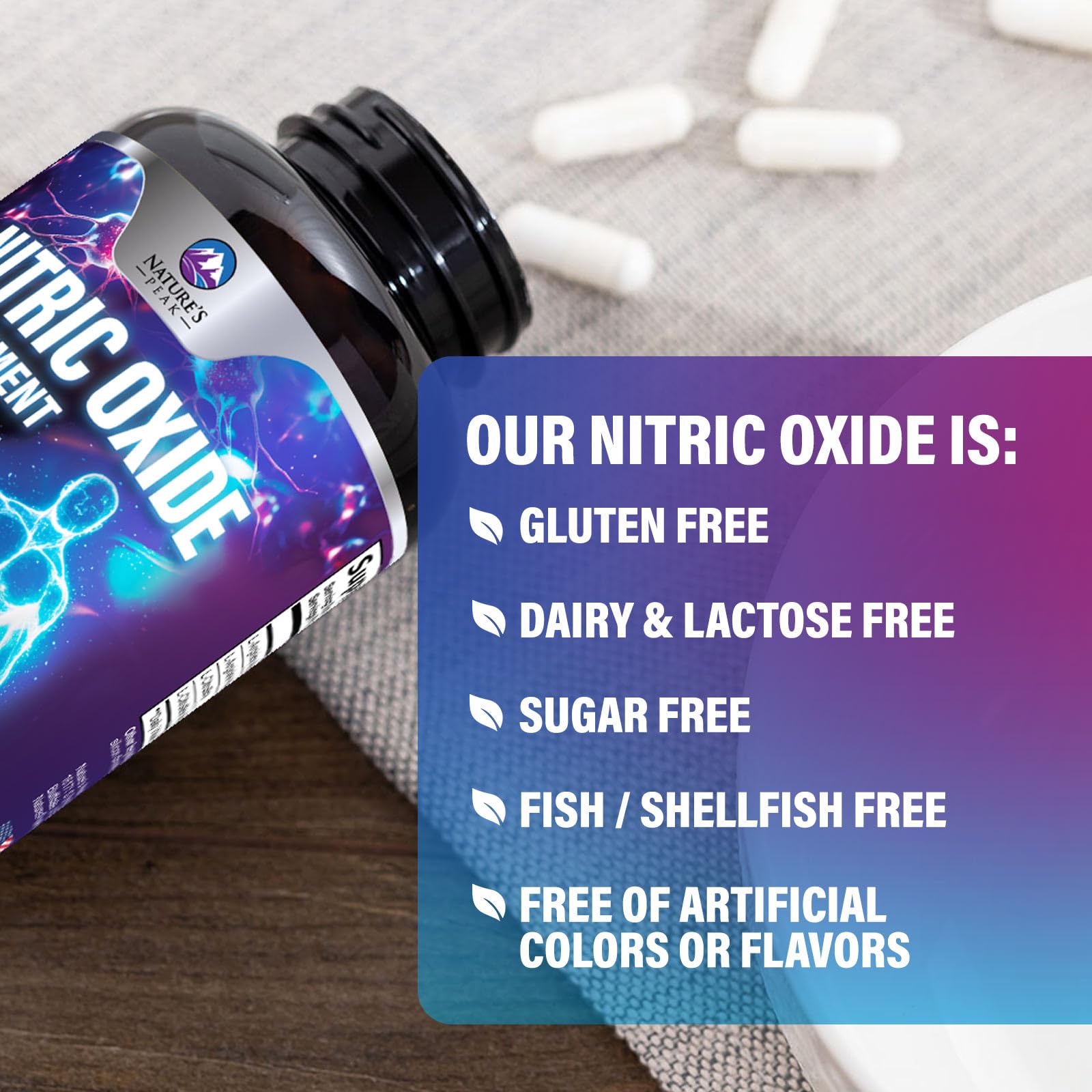 Nature's Peak Nitric Oxide package display emphasizing quality