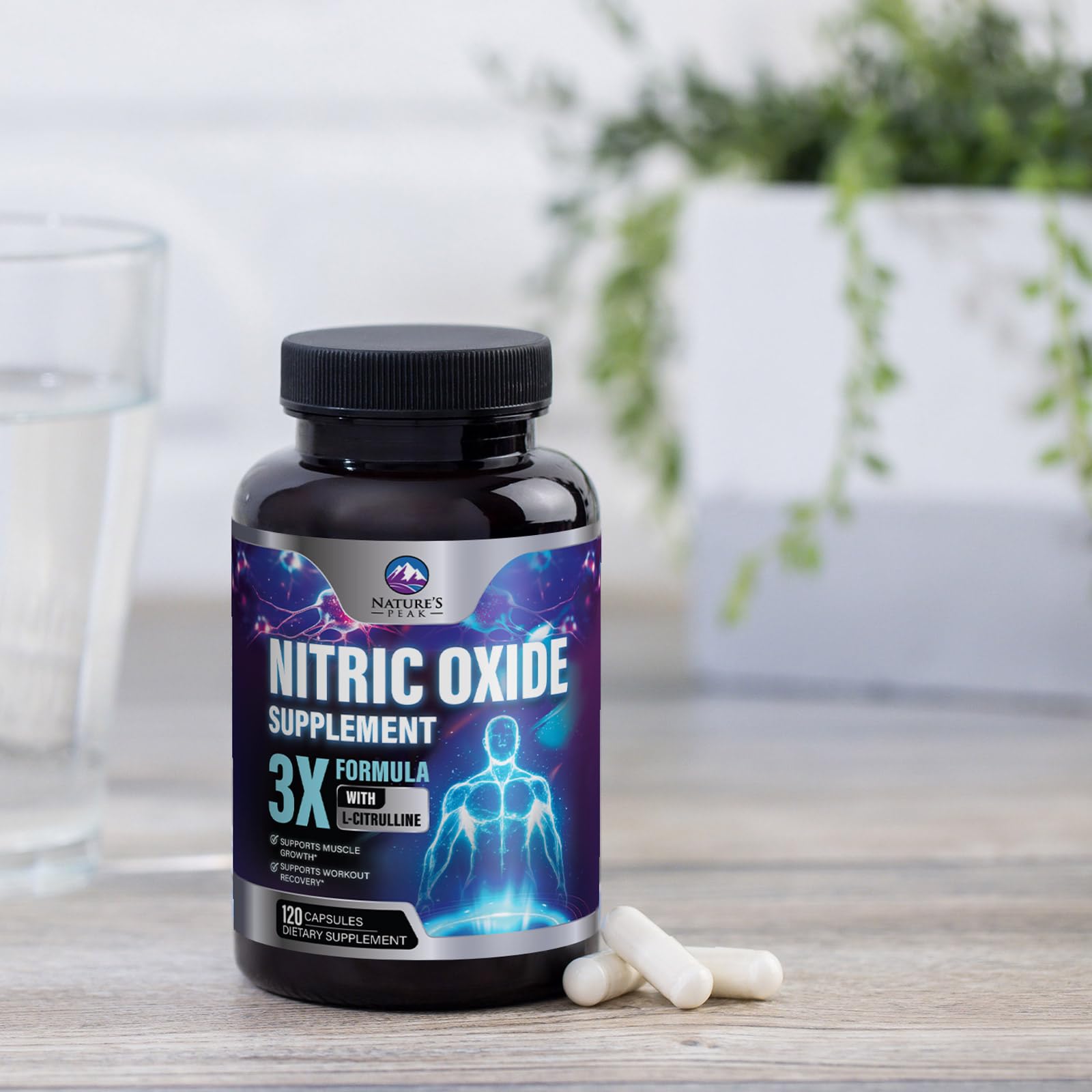 Nature's Peak Nitric Oxide table setup with bottle and capsules