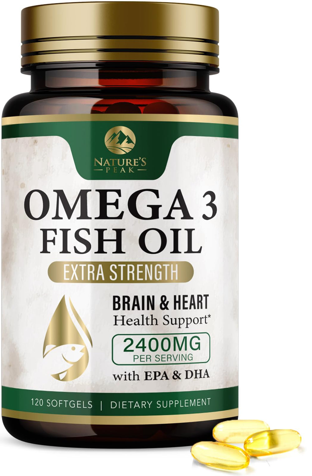 Nature's Peak Omega 3 2400mg bottle highlights triple-strength EPA and DHA for daily support.