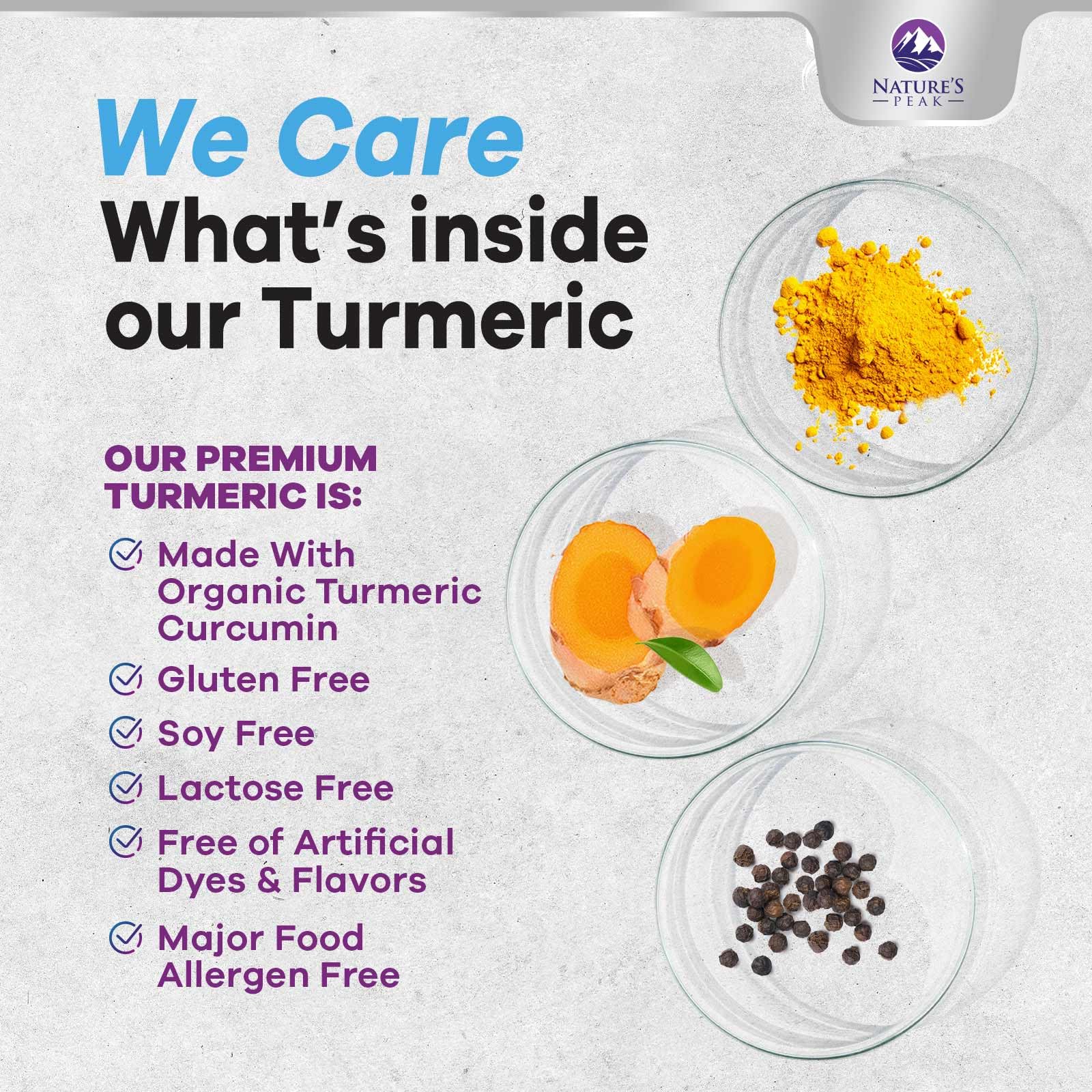 Organic turmeric and ginger roots beside Nature's Peak capsules imply plant-based sourcing.