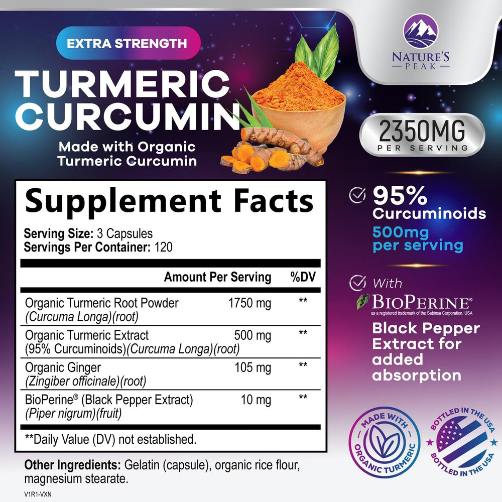Organic ginger and turmeric capsules from Nature's Peak in a vegan bottle.