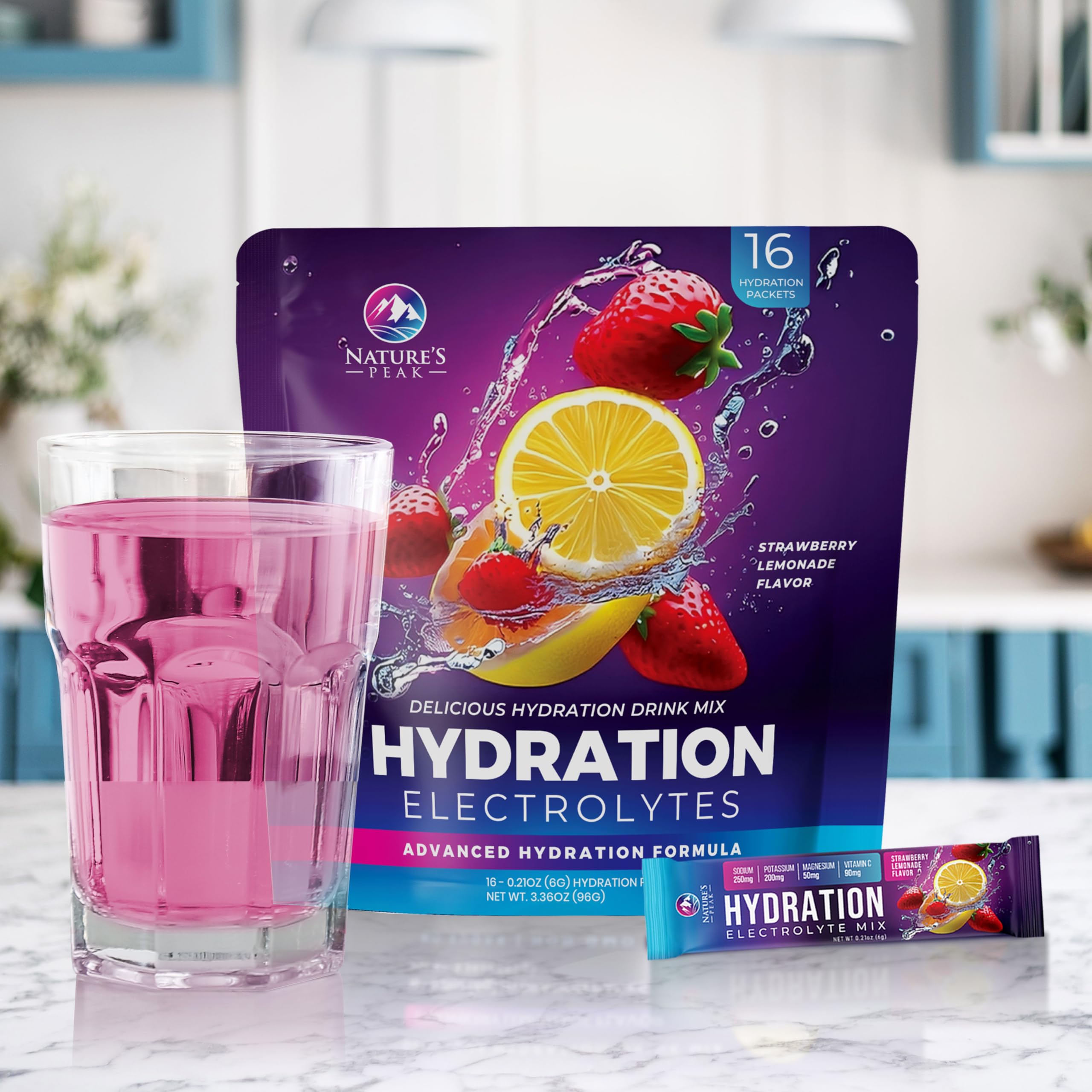 Nature's Peak strawberry lemon flavor profile appeals to flavor-conscious hydration.