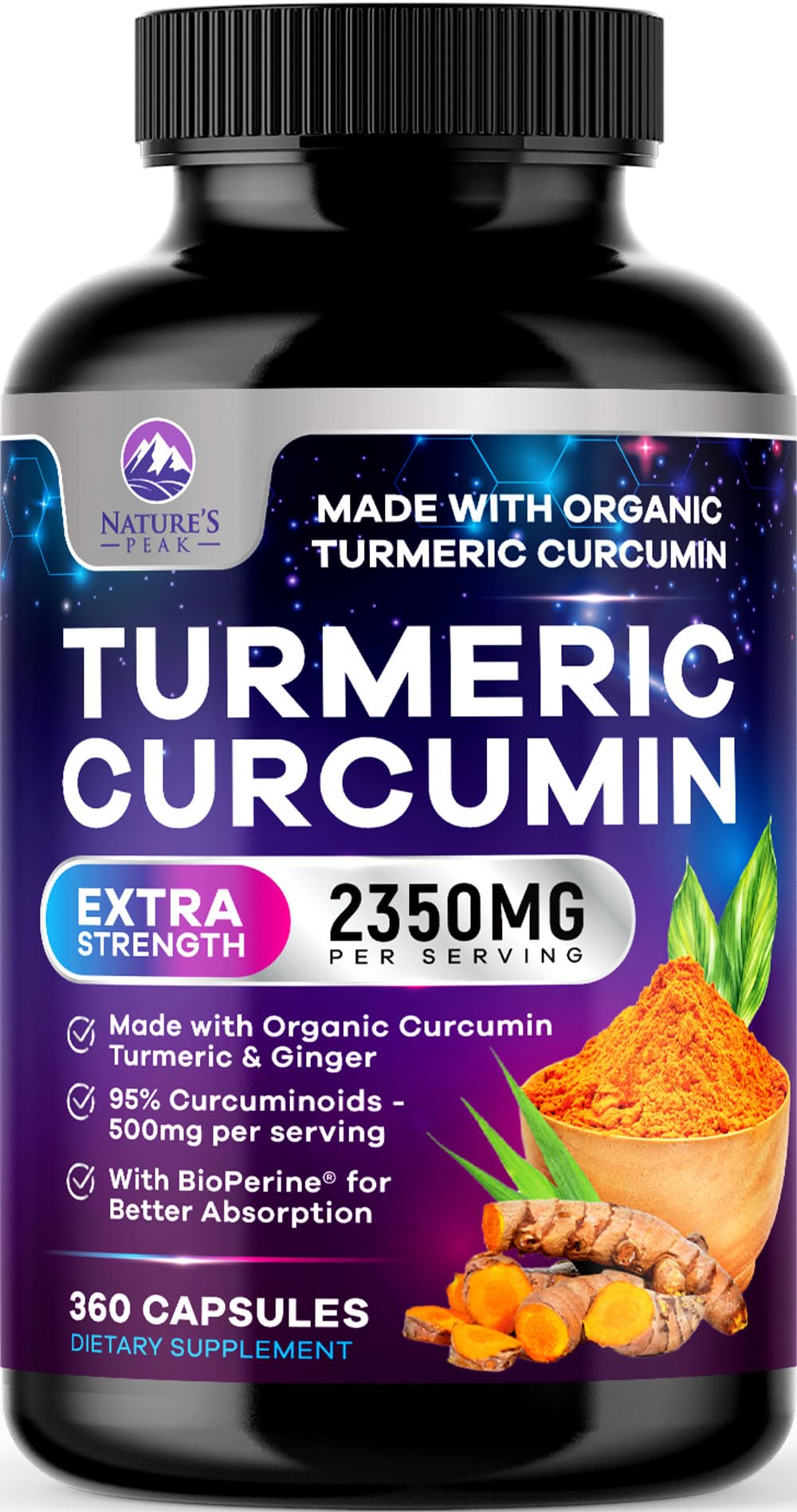Nature's Peak Turmeric Curcumin 2350mg bottle highlights high-potency formula.