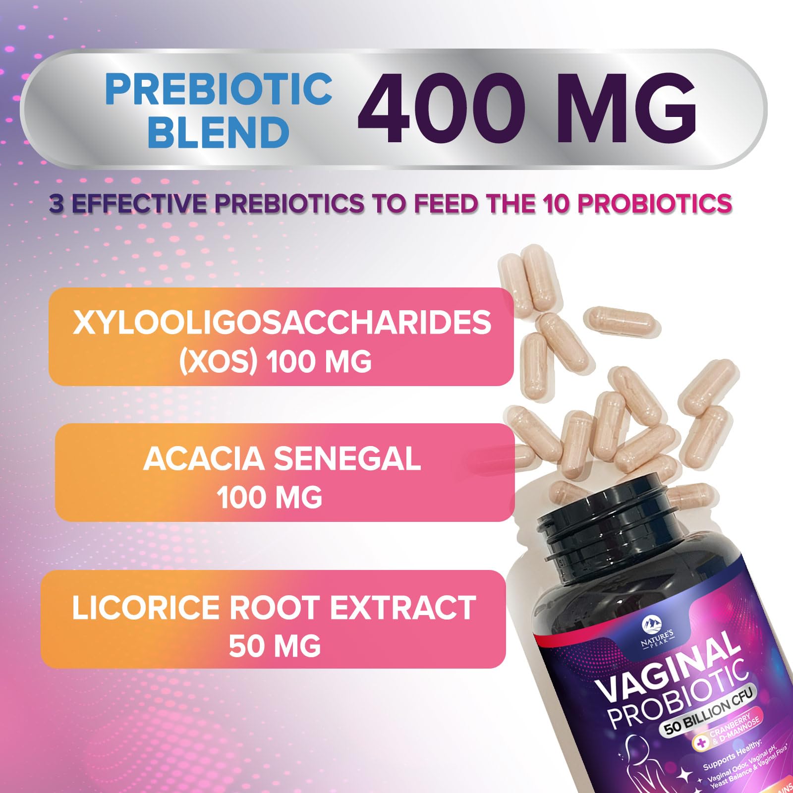 Nature's Peak bottle emphasizes 50 Billion CFU potency on label