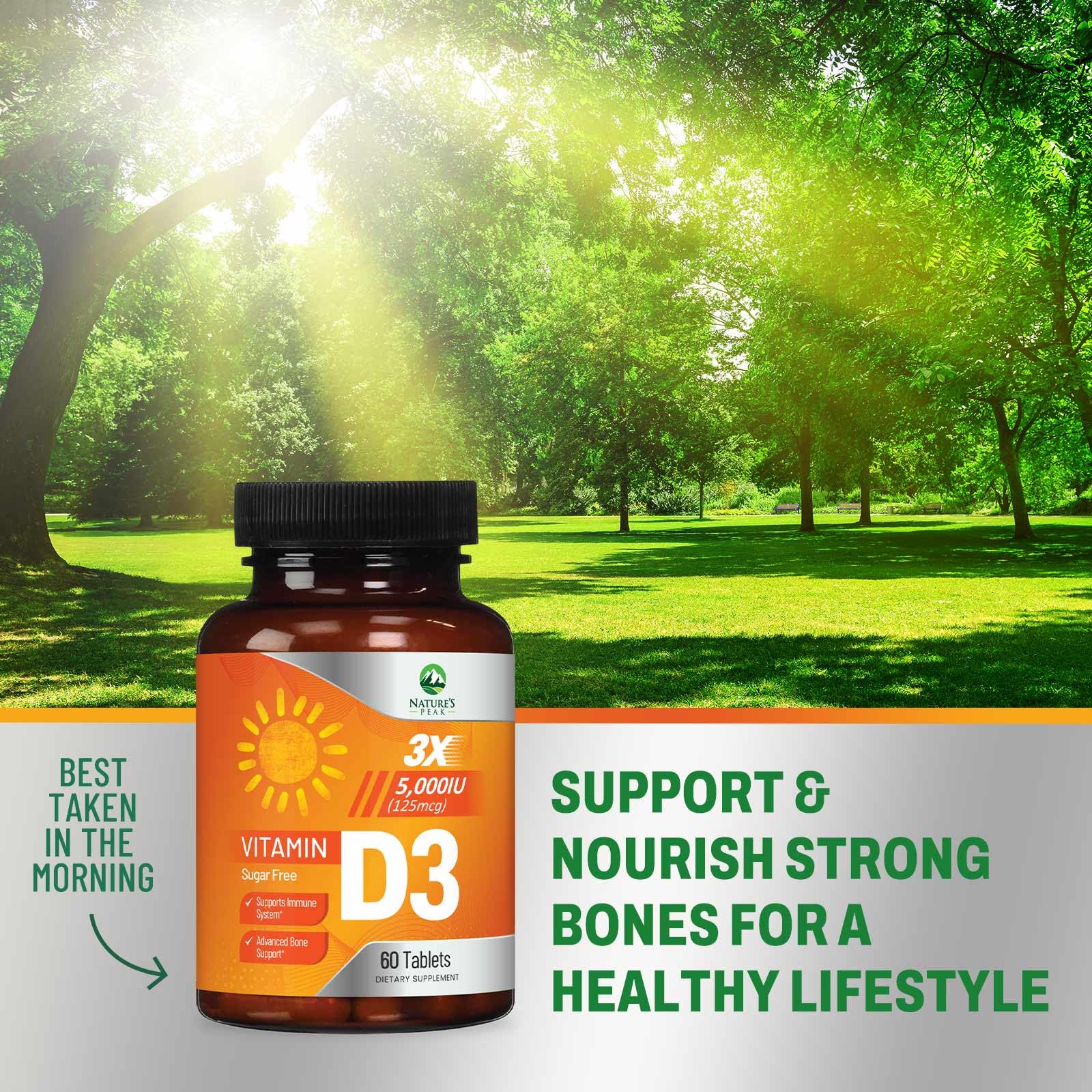 Nature's Peak bottle with label, emphasizing high-potency vitamin D3.