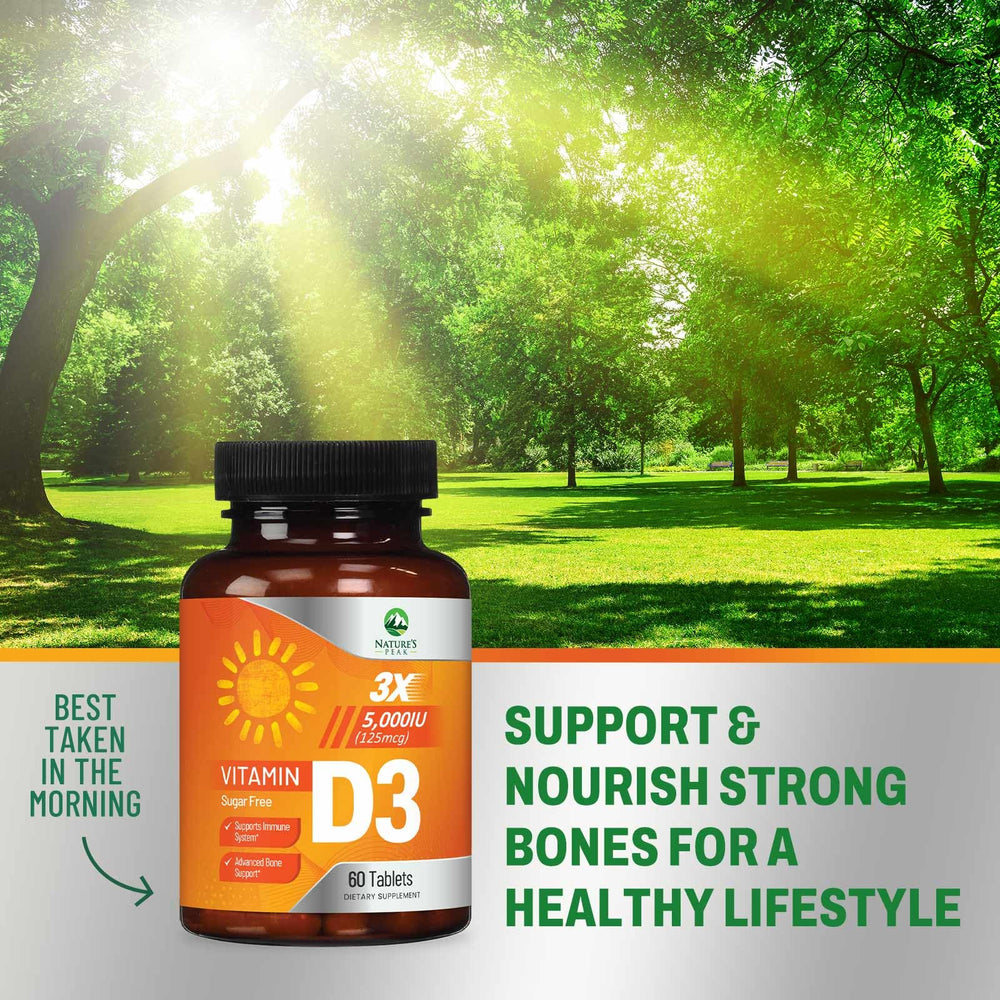 Nature's Peak bottle with label, emphasizing high-potency vitamin D3.