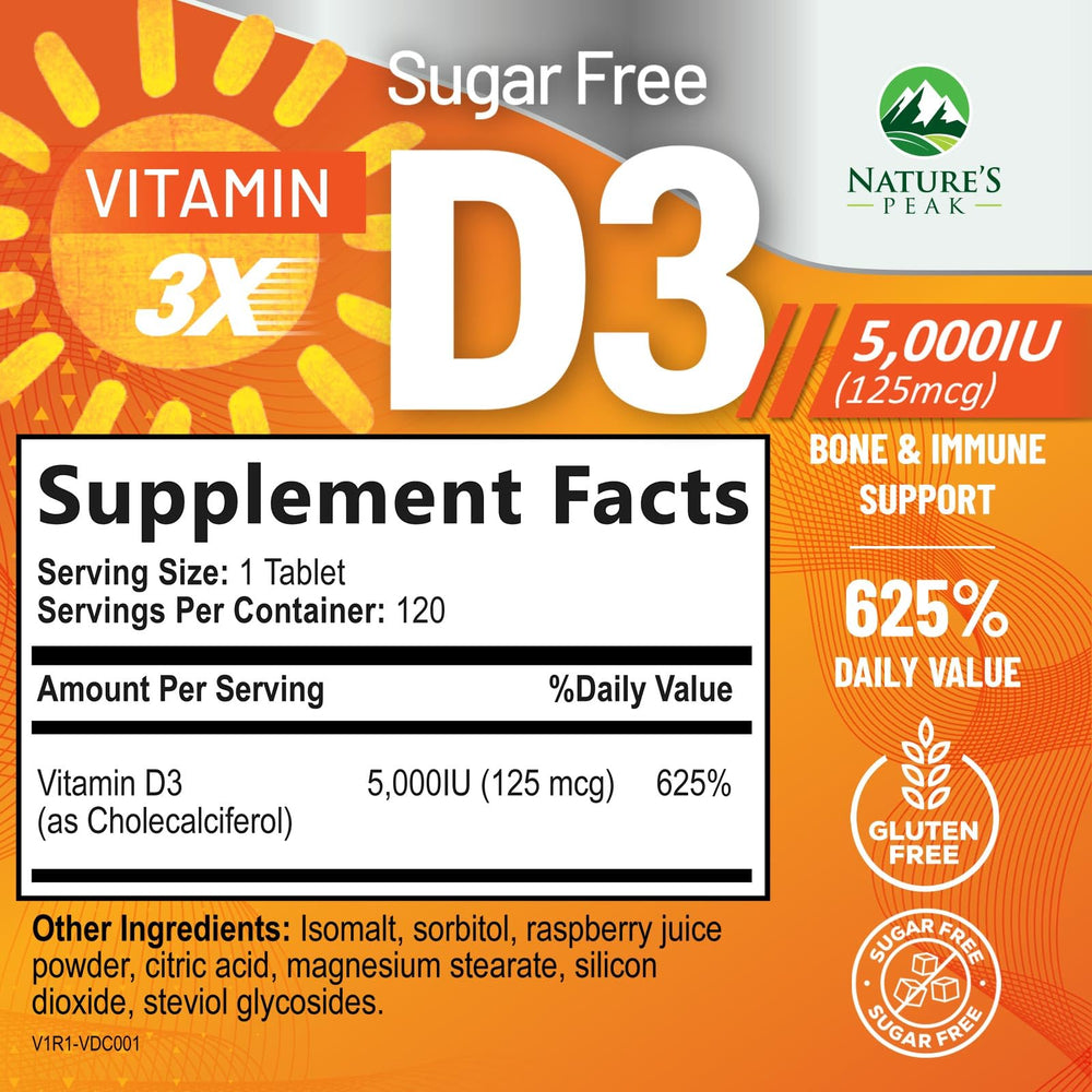 Nature's Peak raspberry D3 5000IU chewables, delicious daily vitamin intake.