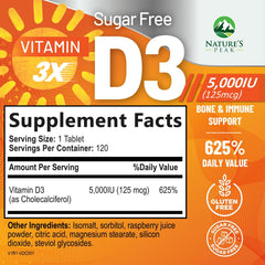 Nature's Peak raspberry D3 5000IU chewables, delicious daily vitamin intake.