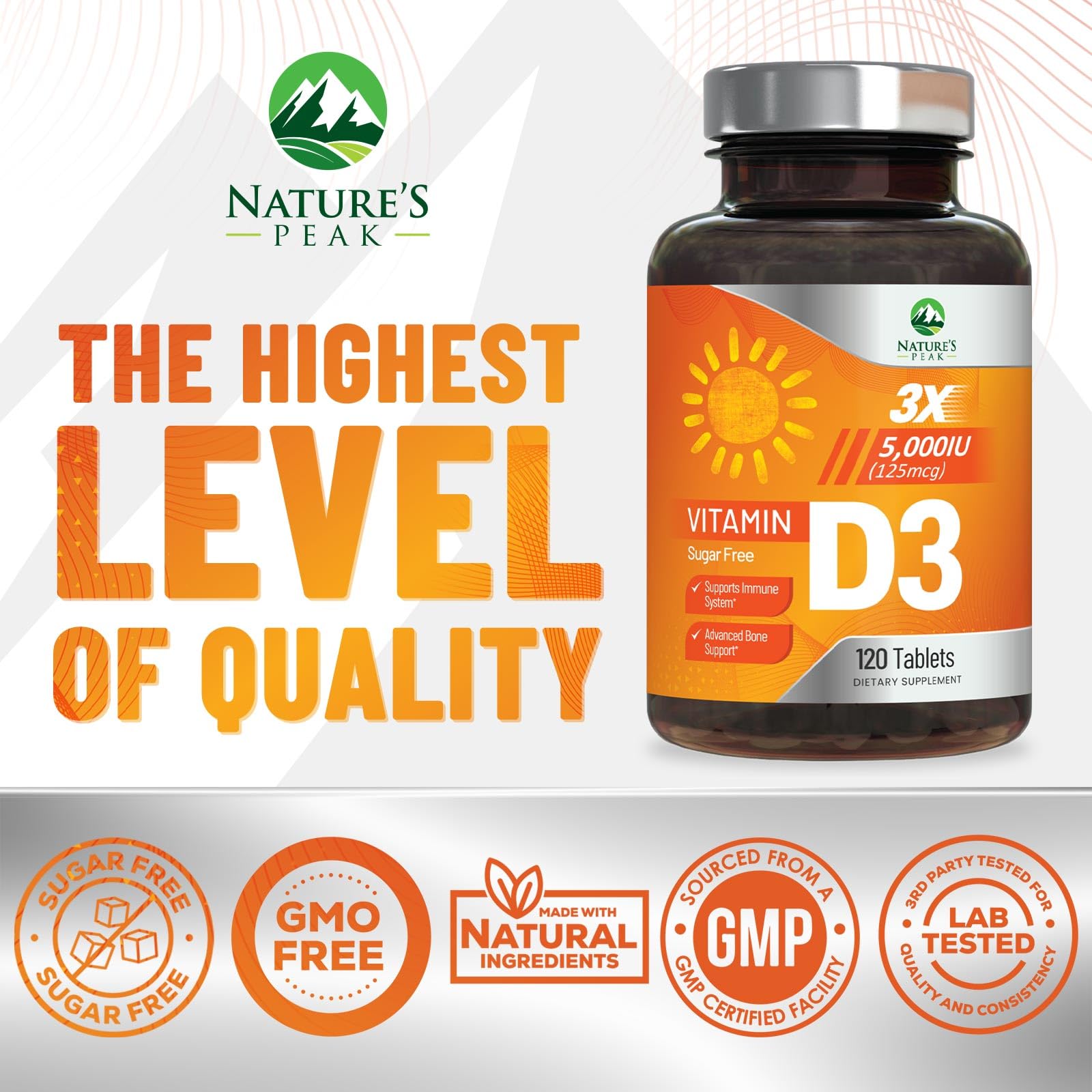 Nature's Peak vegan gluten-free D3 label showcasing clean formula.