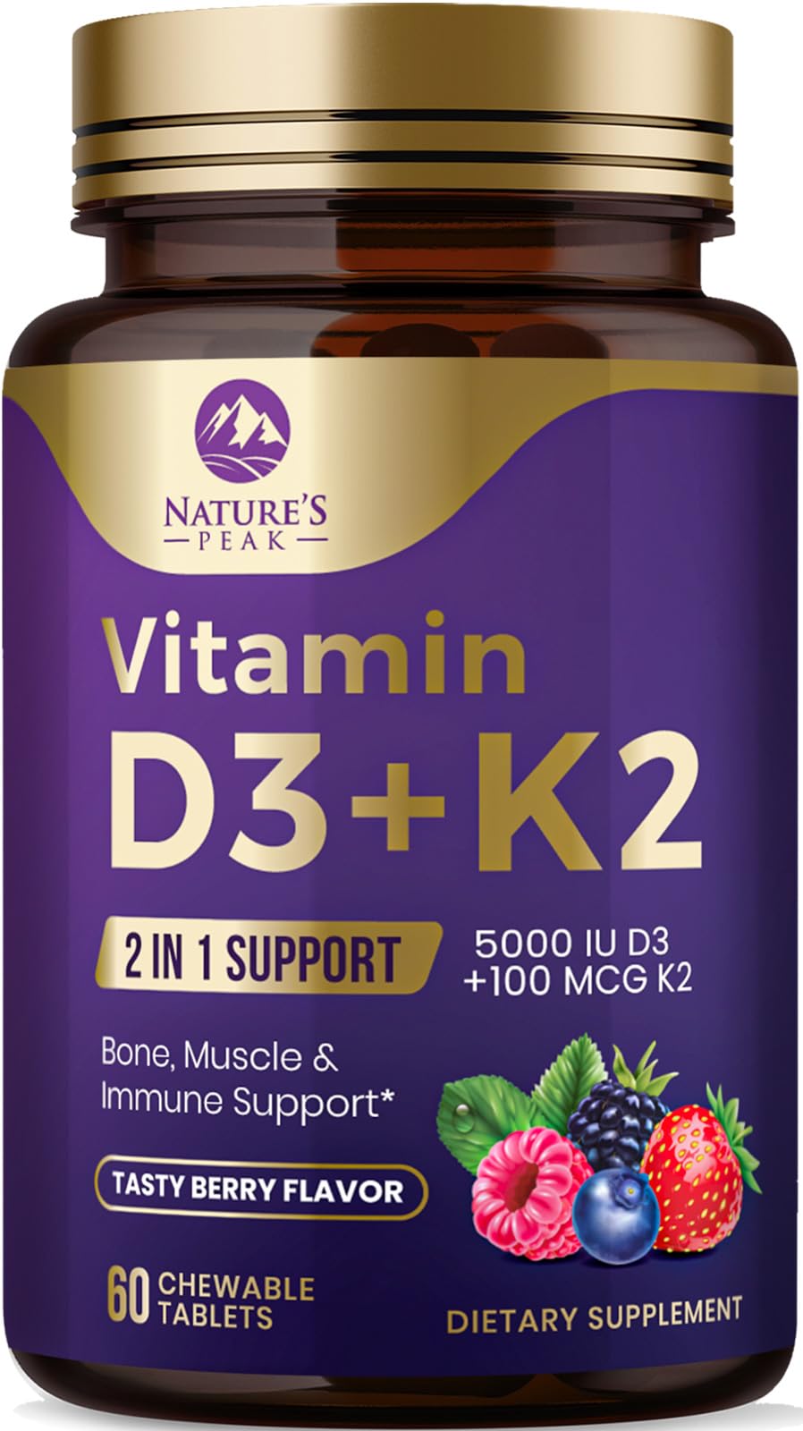 Nature's Peak Vitamin D3 K2 berry chewable tablet supports daily calcium absorption and immune wellness.