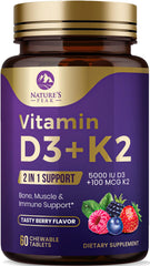 Nature's Peak Vitamin D3 K2 berry chewable tablet supports daily calcium absorption and immune wellness.