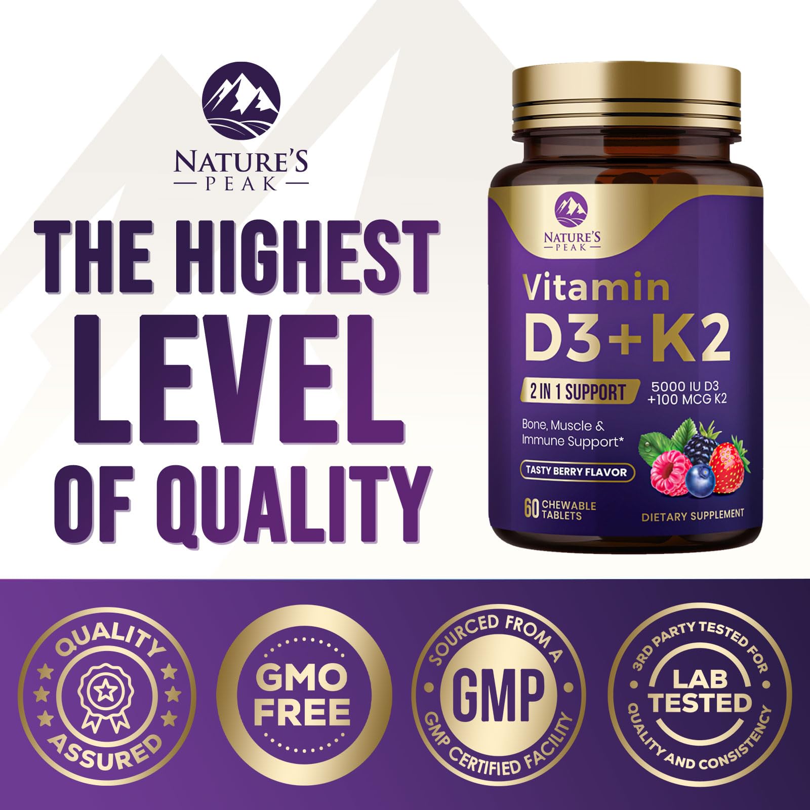 Nature's Peak D3 K2 berry-flavored chewables ideal for on-the-go.