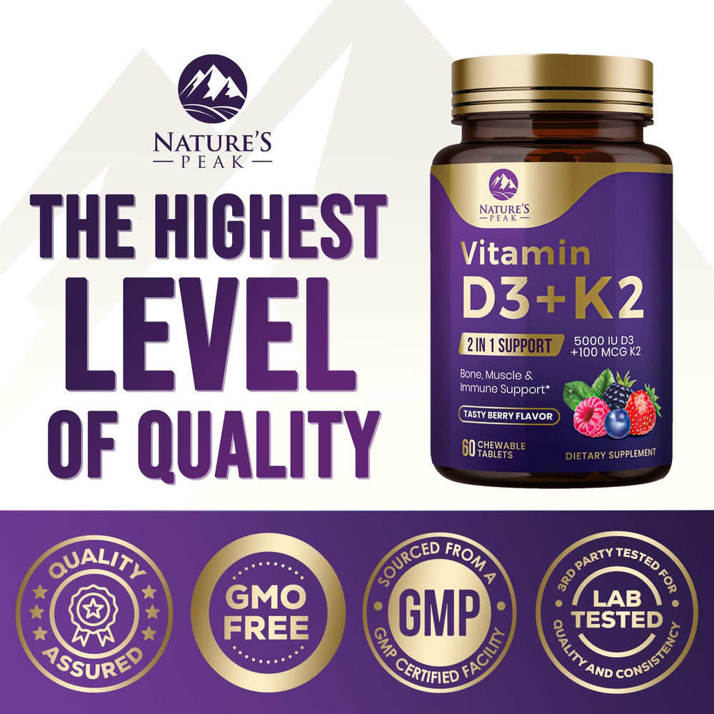 Nature's Peak D3 K2 berry-flavored chewables ideal for on-the-go.