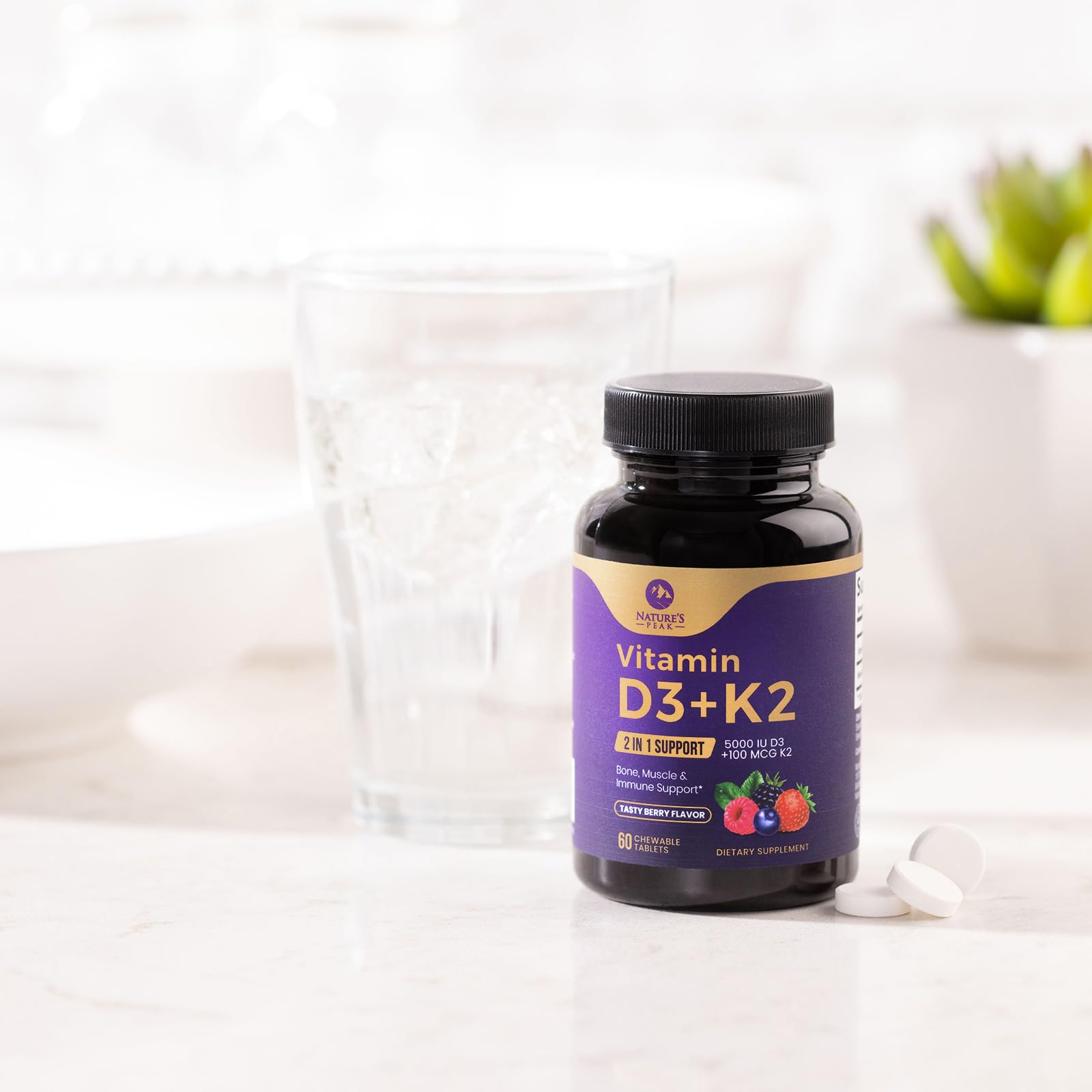 Nature's Peak bottle showcases gluten-free, non-GMO vitamin blend.