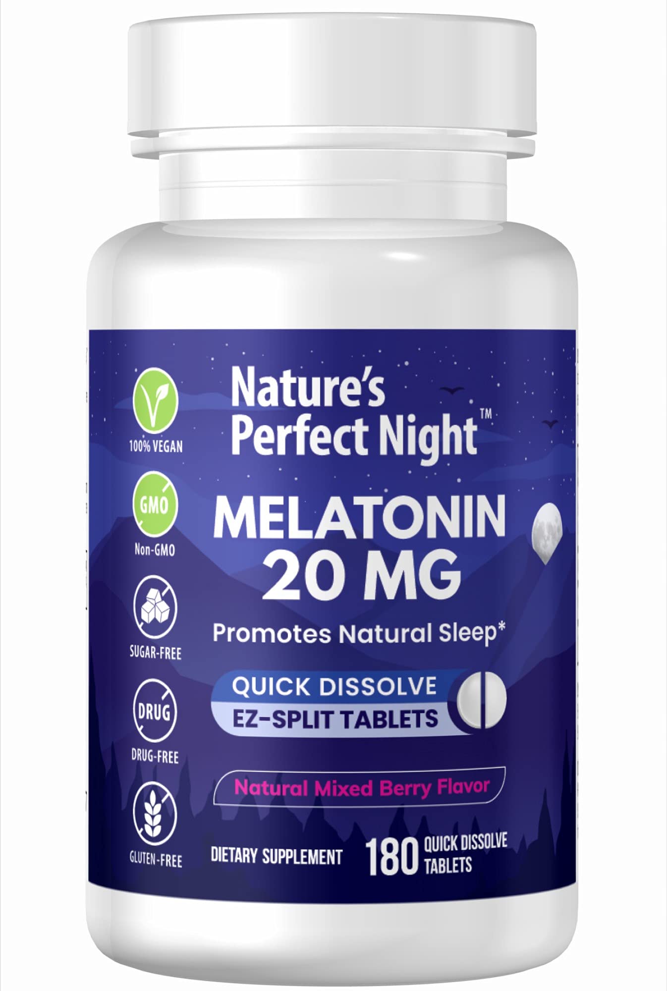 Nature's Perfect Night melatonin bottle with 20mg tablets for convenient nightly use.