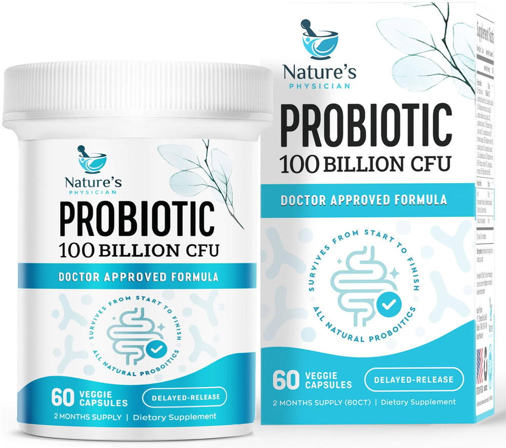 Nature's Physician Probiotics bottle showing 100 Billion CFU for daily gut support