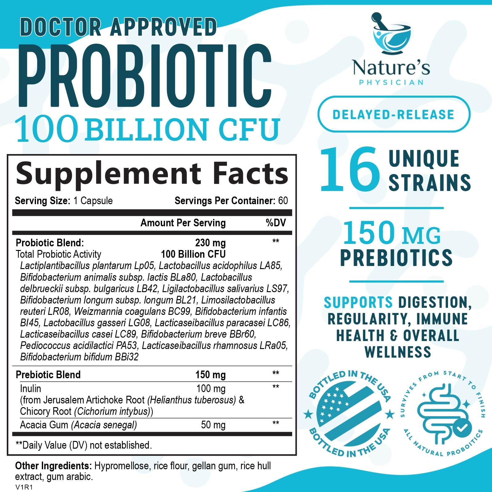 Nature's Physician Probiotics label highlights 16 strains for broad digestive benefits