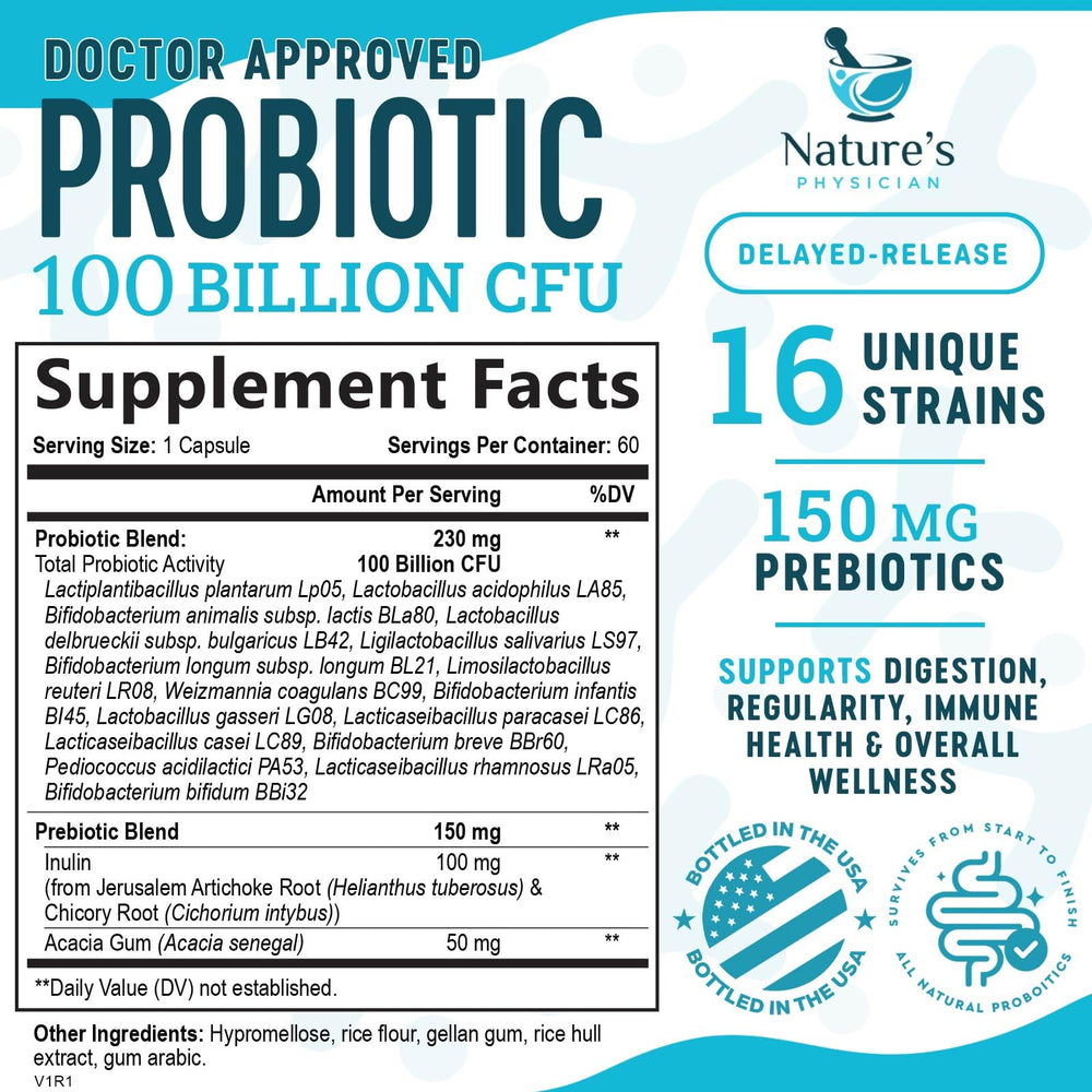 Nature's Physician Probiotics label highlights 16 strains for broad digestive benefits