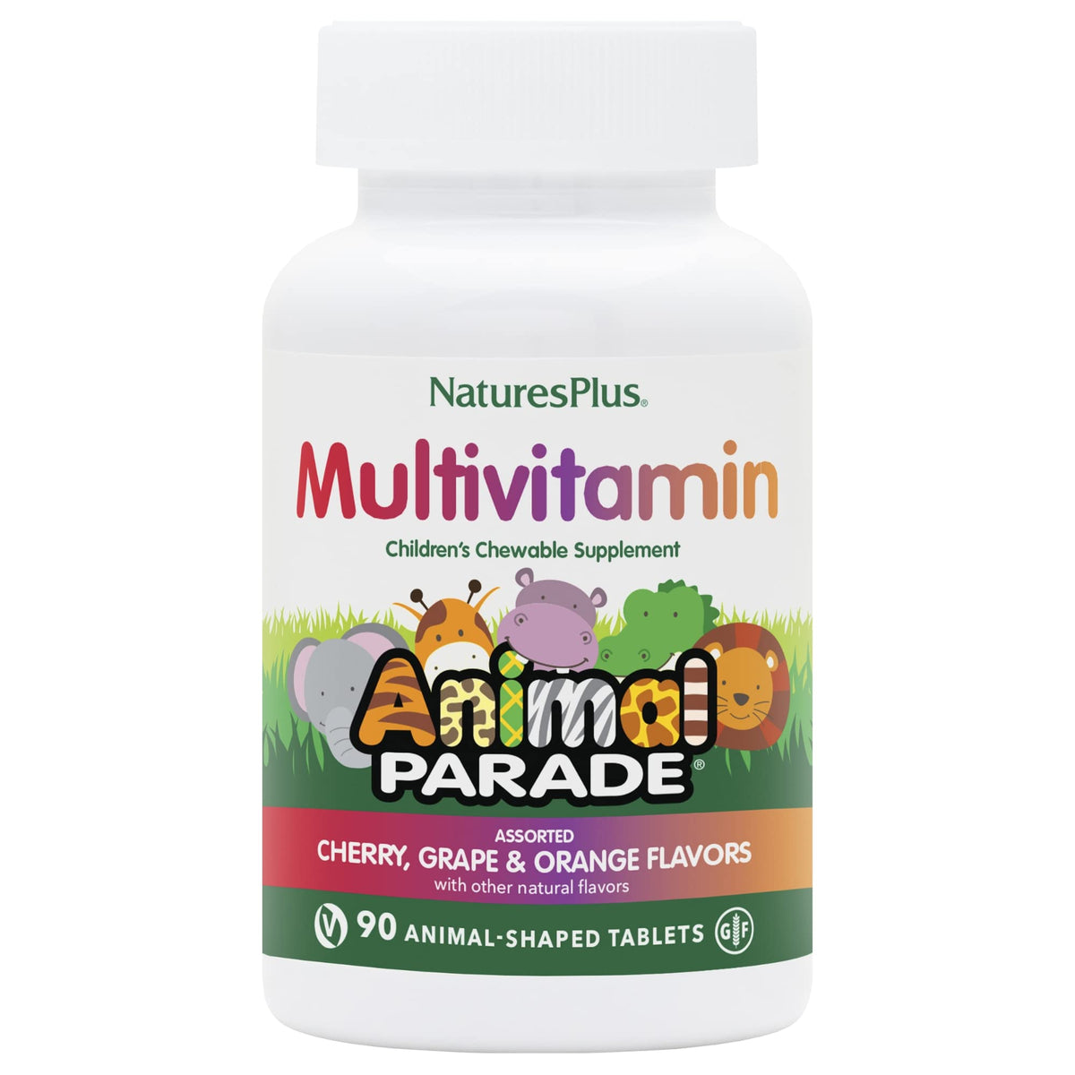 Natures Plus Animal Parade chewables in animal shapes support kids' daily vitamin routine.