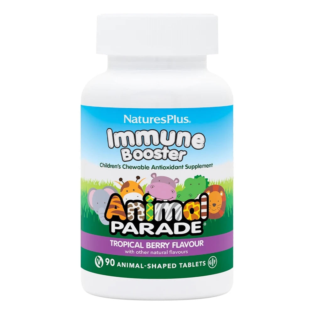 Nature's Plus Animal Parade Immune Booster tropical berry bottle showing kid-friendly chews.