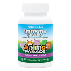 Nature's Plus Animal Parade Immune Booster tropical berry bottle showing kid-friendly chews.