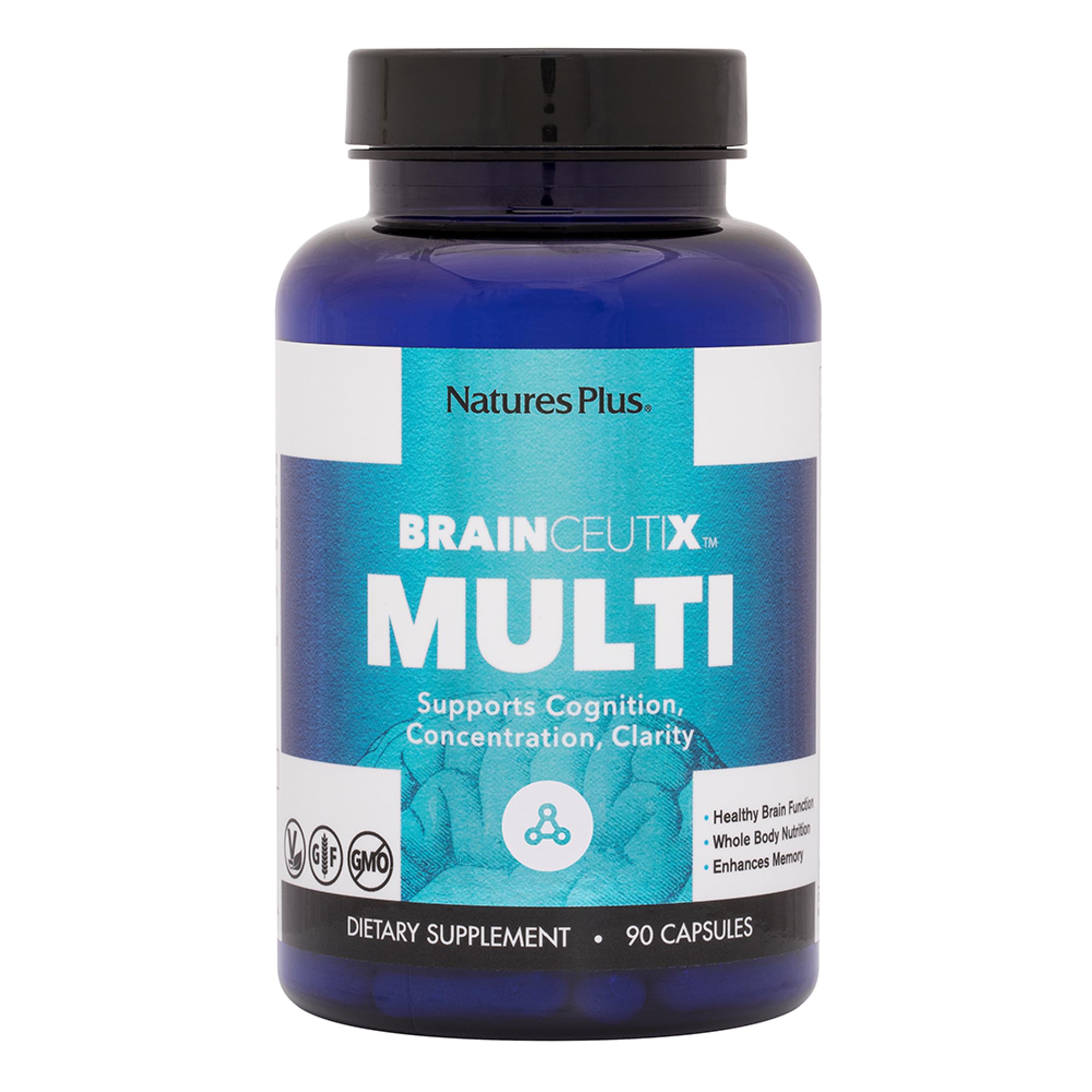 Nature's Plus BrainCeutix bottle pouring capsules for daily cognitive support.