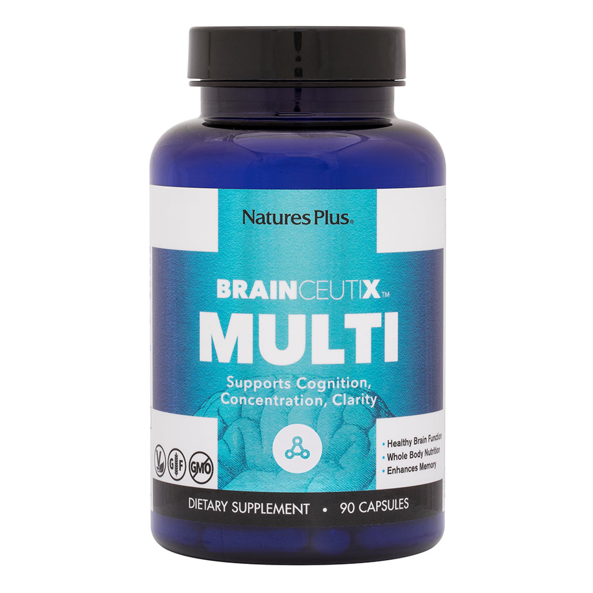Nature's Plus BrainCeutix bottle pouring capsules for daily cognitive support.