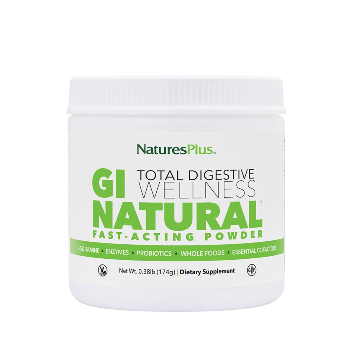 Nature's Plus GI Natural Digestive Wellness powder in a tub promotes gut support