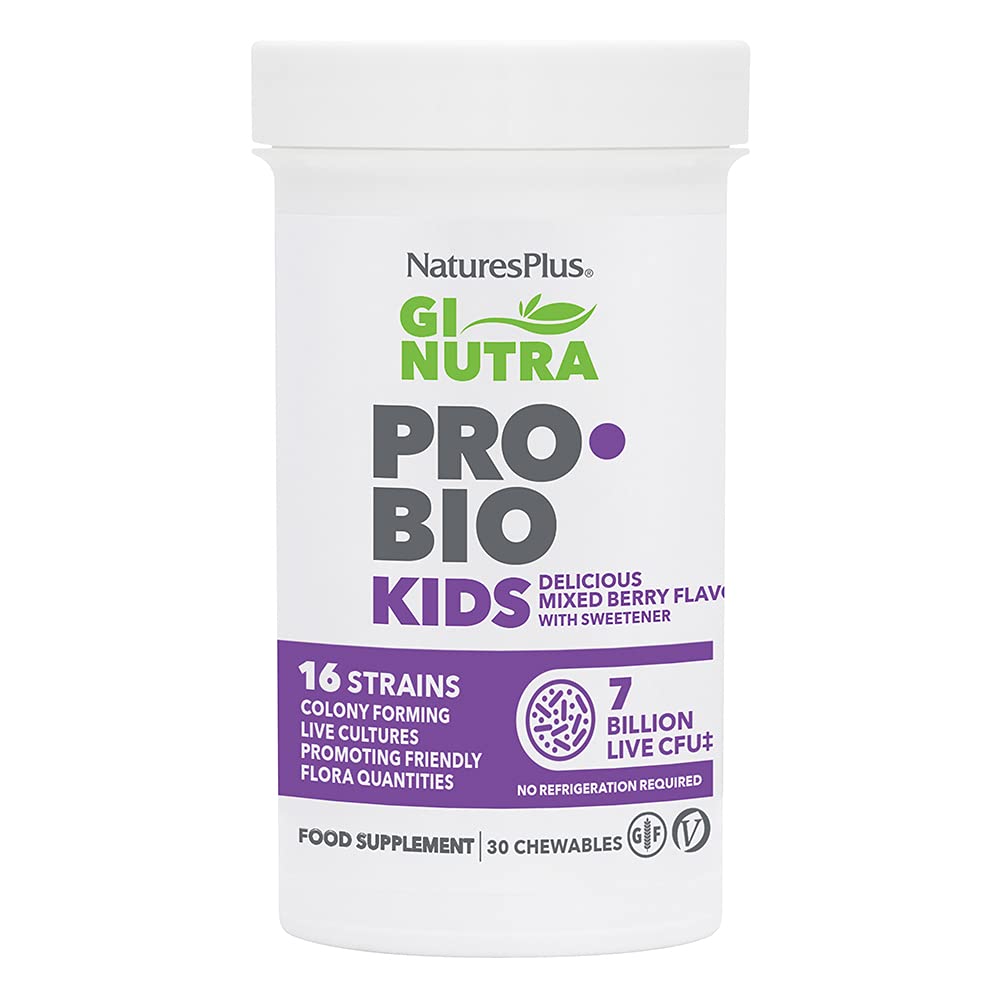 Nature's Plus GI Natural Probiotic Kids Mixed Berry bottle supports digestive comfort.