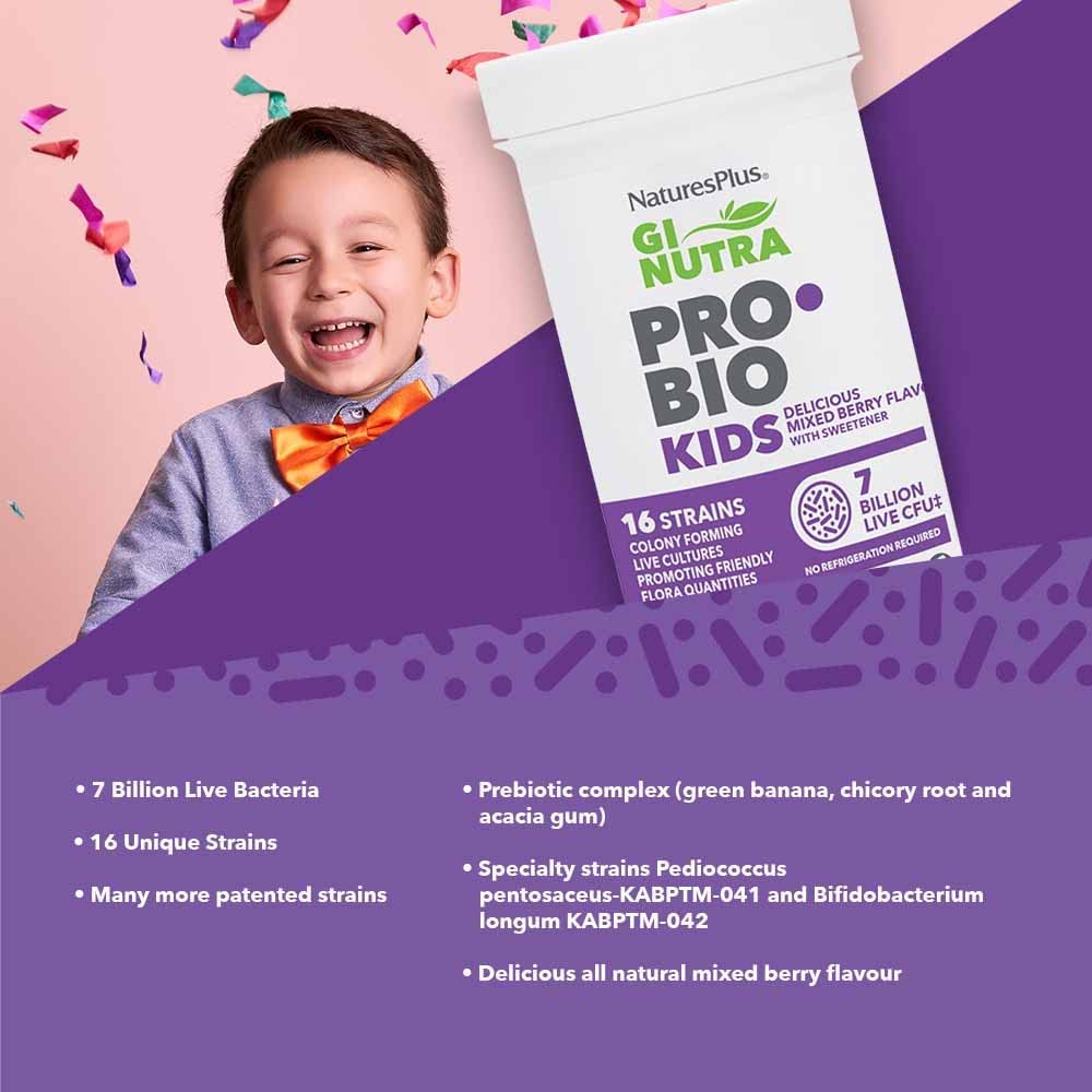 Nature's Plus GI Natural Probiotic Kids Mixed Berry chews promote immune-friendly balance.