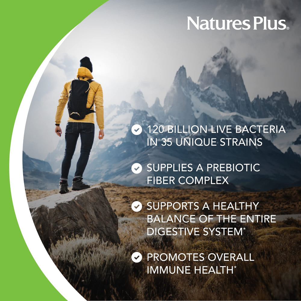 Nature's Plus GI Natural Probiotic Mega capsule close-up showing diverse strains