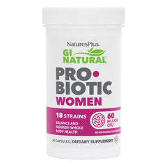 Nature's Plus GI Natural Probiotic Women bottle promotes digestive balance.