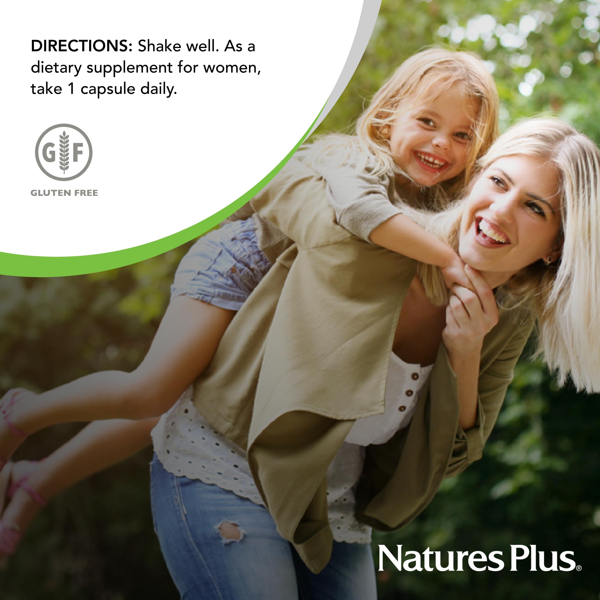 Packaging displays gluten-free, non-GMO formula for women.