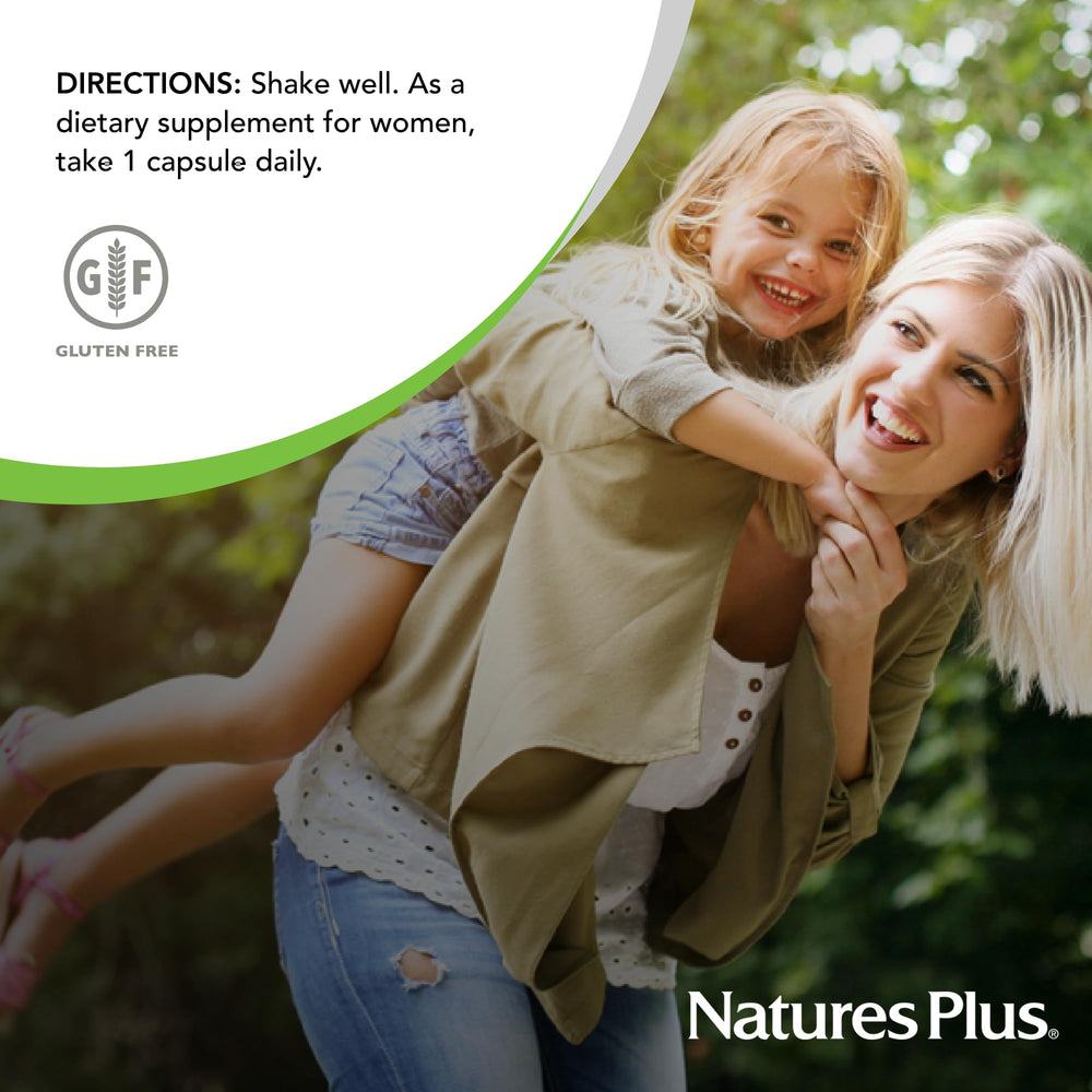 Packaging displays gluten-free, non-GMO formula for women.