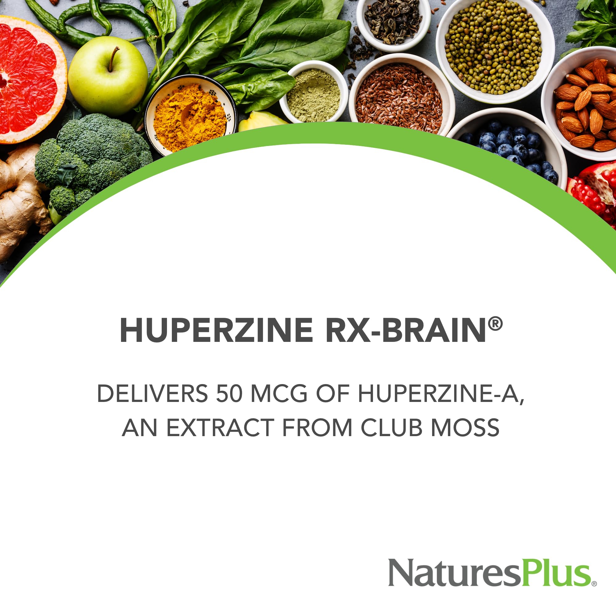 Nature's Plus Huperzine Rx‑Brain tablets close-up for focused mental clarity on demand.
