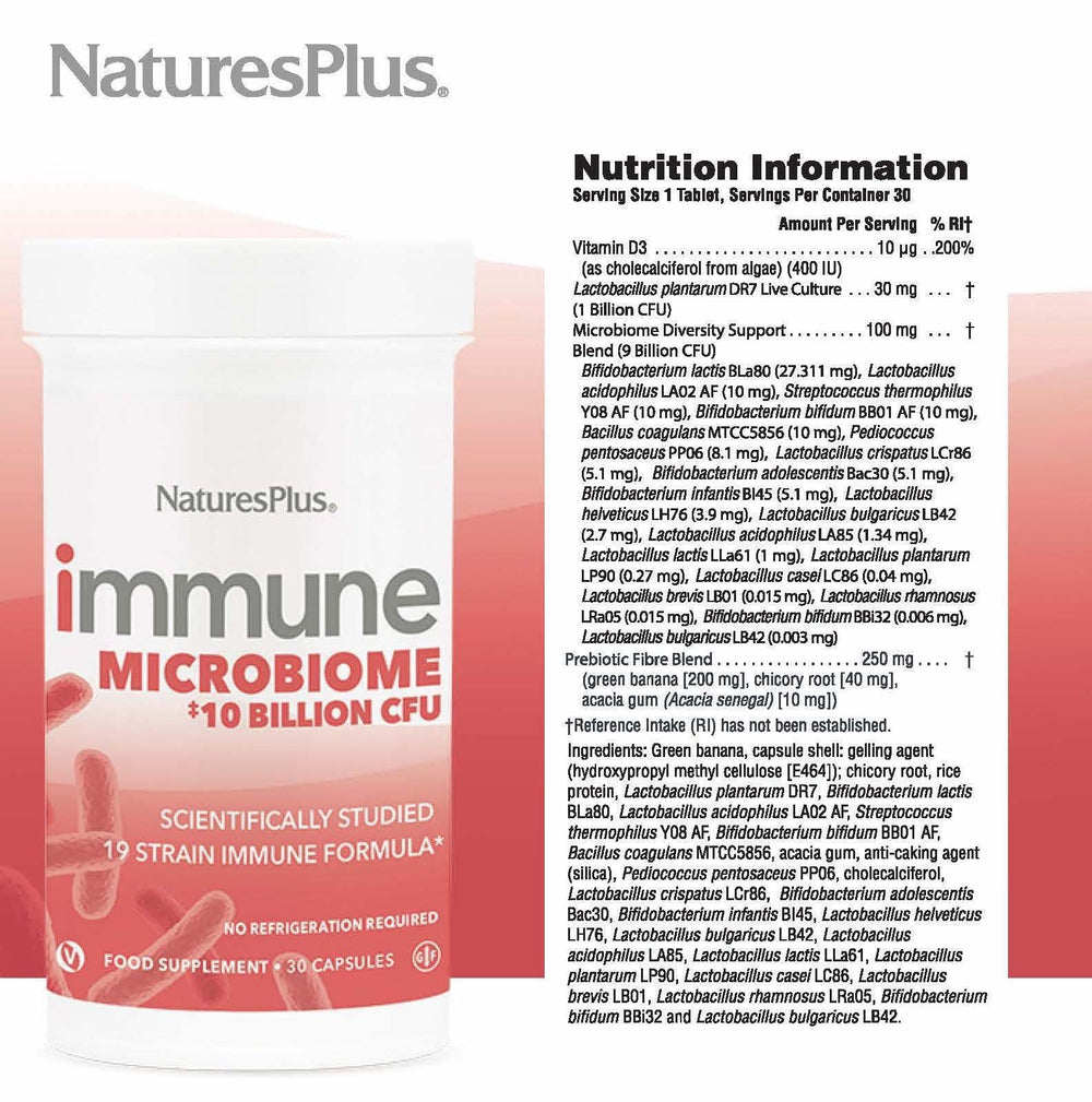 Nature's Plus Immune Probiotic bottle label closeup highlighting DR7 strain