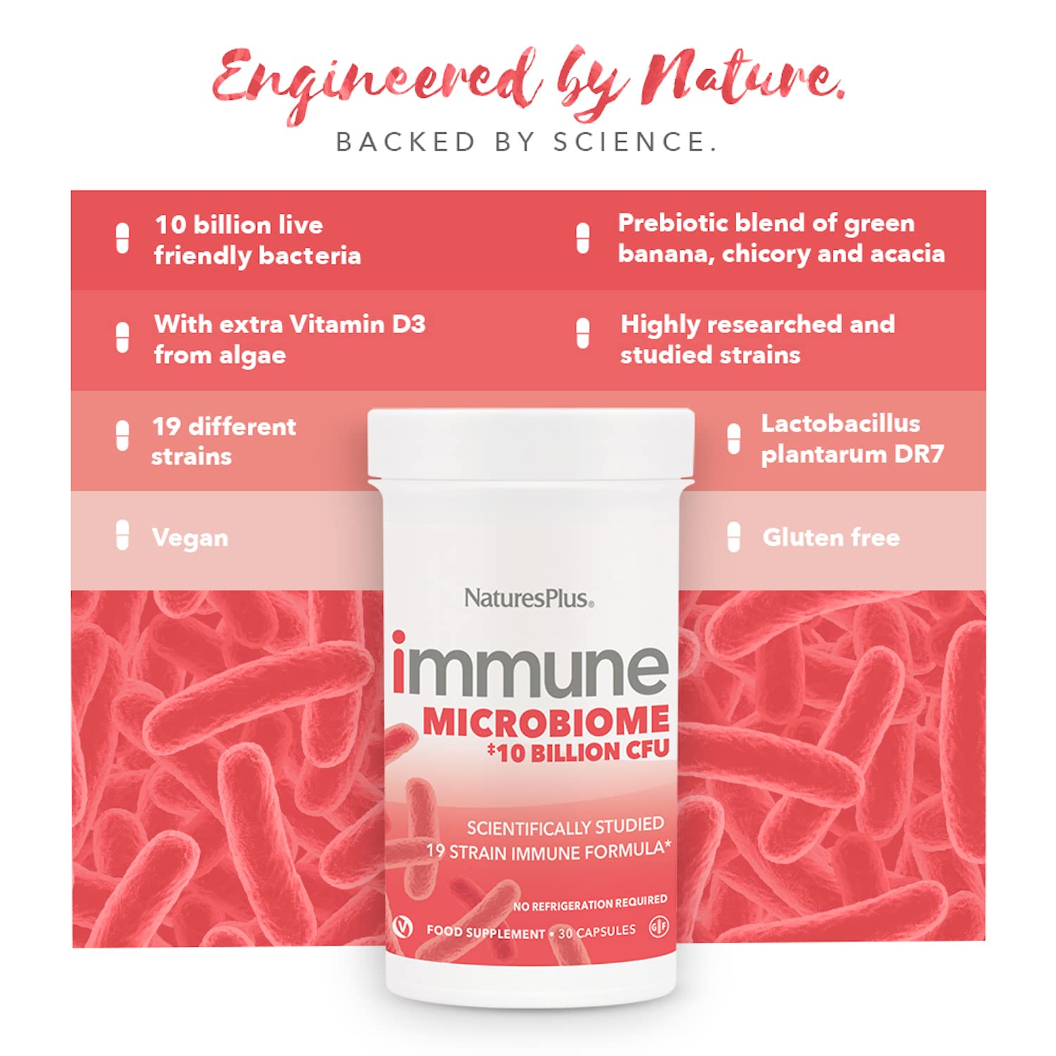Nature's Plus Immune Probiotic capsules on wood surface ready for use
