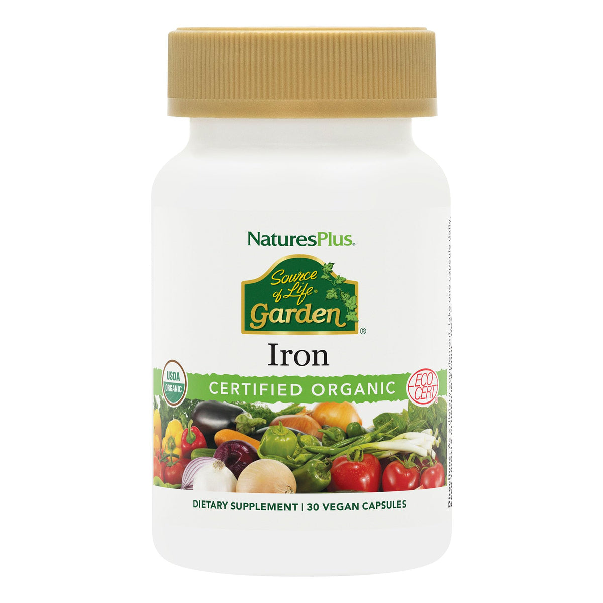 Nature's Plus Source of Life Garden Iron bottle front, plant-based iron for daily energy support