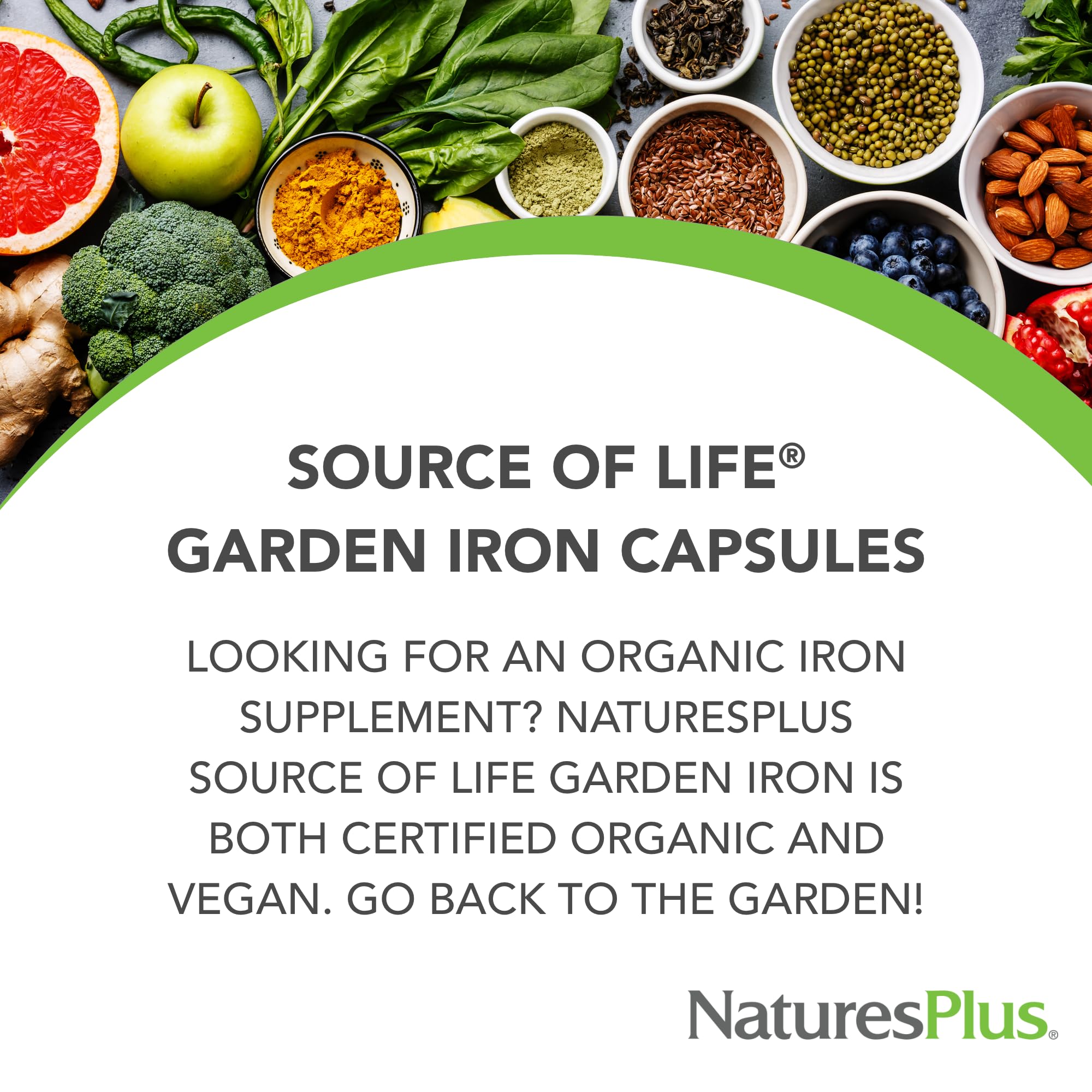 Nature's Plus Source of Life Garden Iron capsules close-up, vegan capsules for easy daily use