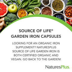 Nature's Plus Source of Life Garden Iron capsules close-up, vegan capsules for easy daily use