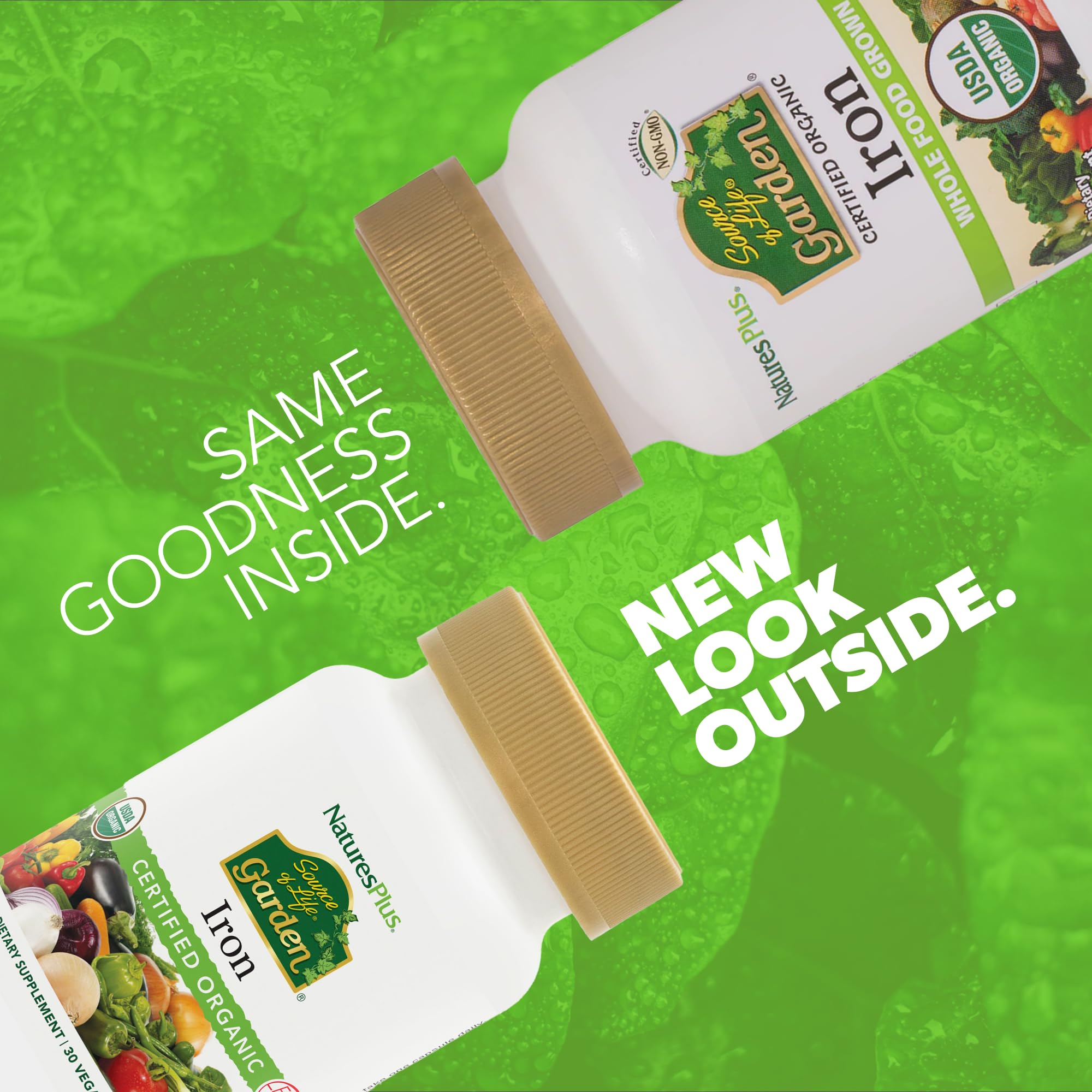 Nature's Plus Source of Life Garden Iron ingredients close-up, USDA organic fruit and veg blend