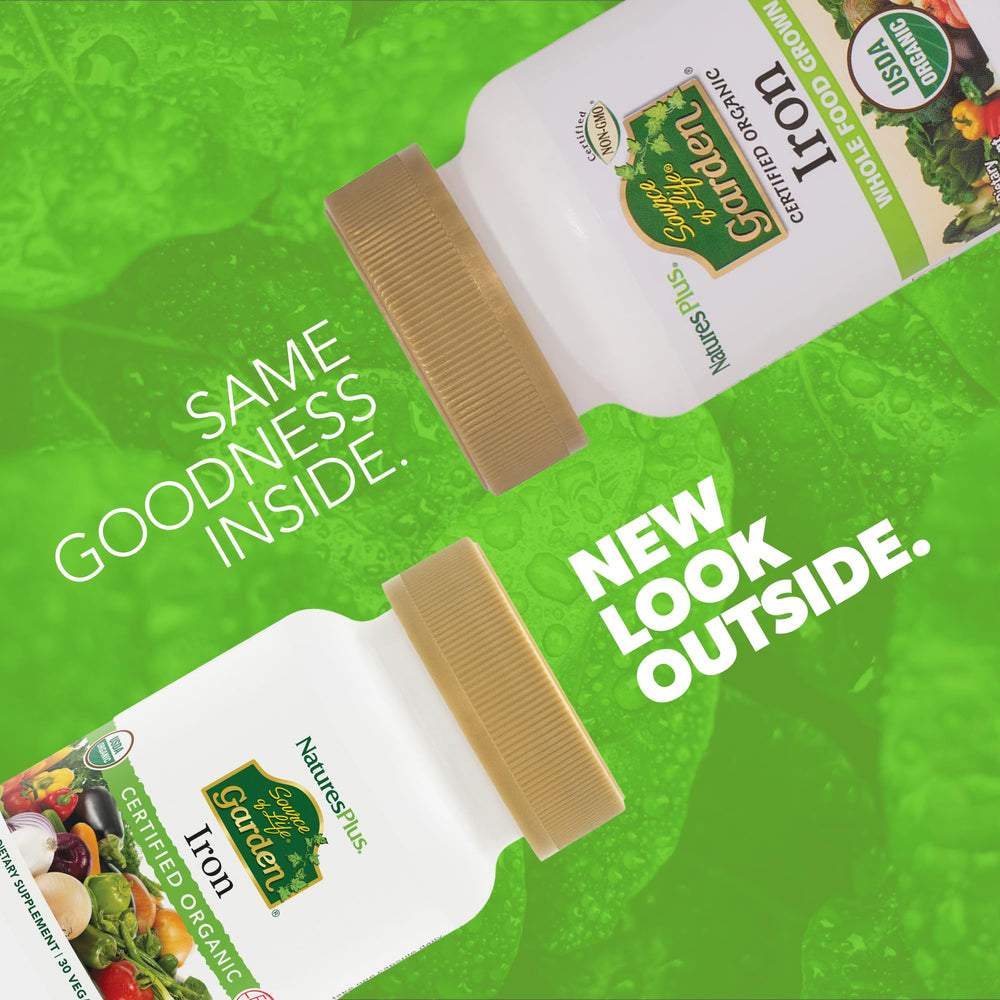 Nature's Plus Source of Life Garden Iron ingredients close-up, USDA organic fruit and veg blend