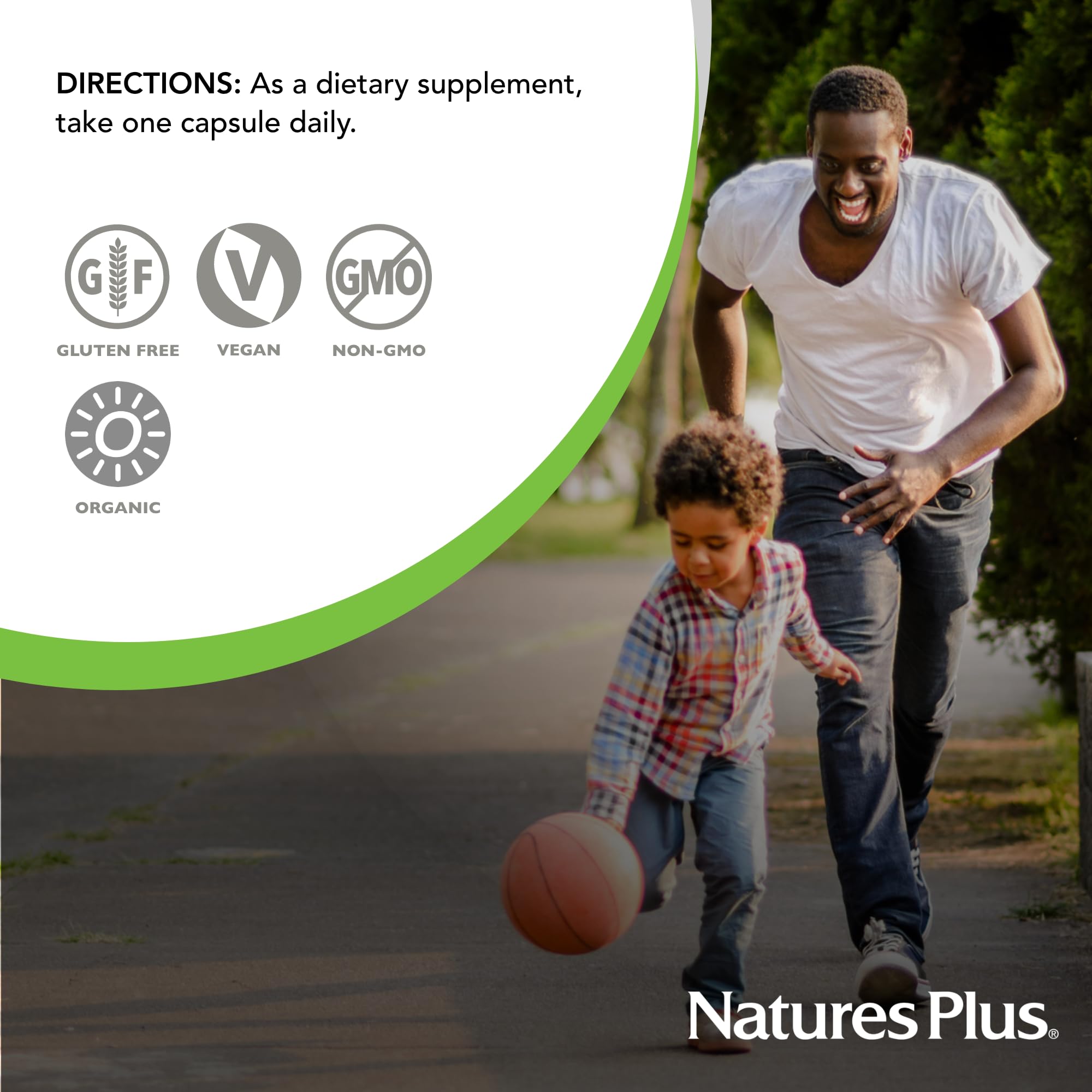 Nature's Plus Source of Life Garden Iron serving info graphic, 18 mg per capsule