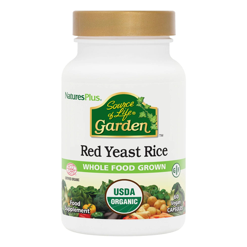 Nature's Plus Source of Life Garden red yeast rice bottle front, supporting overall well-being.