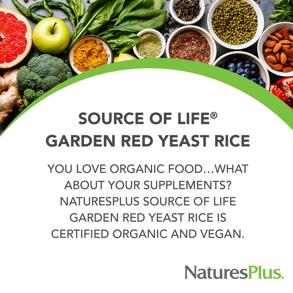 Nature's Plus Source of Life Garden red yeast rice capsules close-up, convenient daily supplement.
