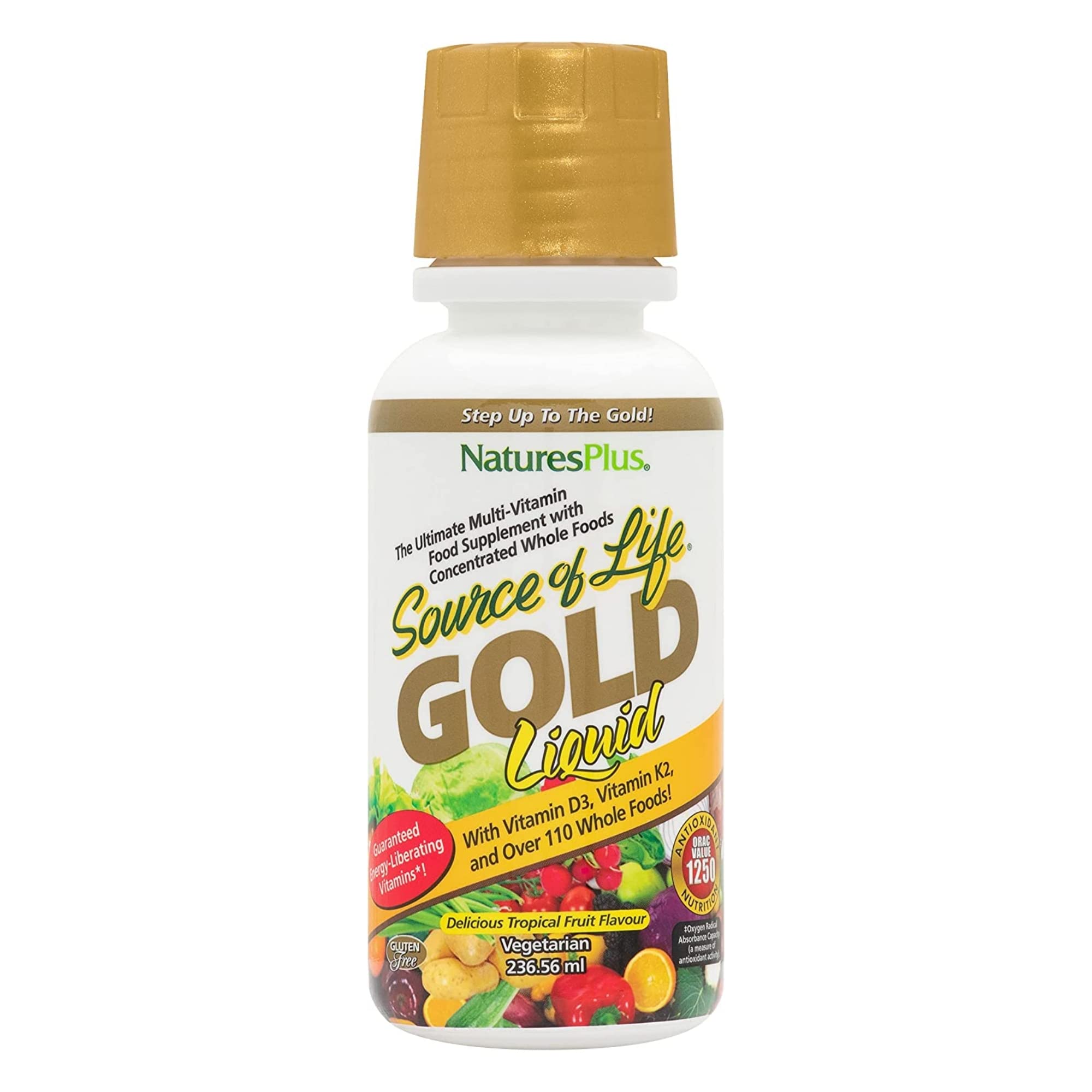 Natures Plus Source of Life Gold Liquid bottle, tropical flavor for daily wellness