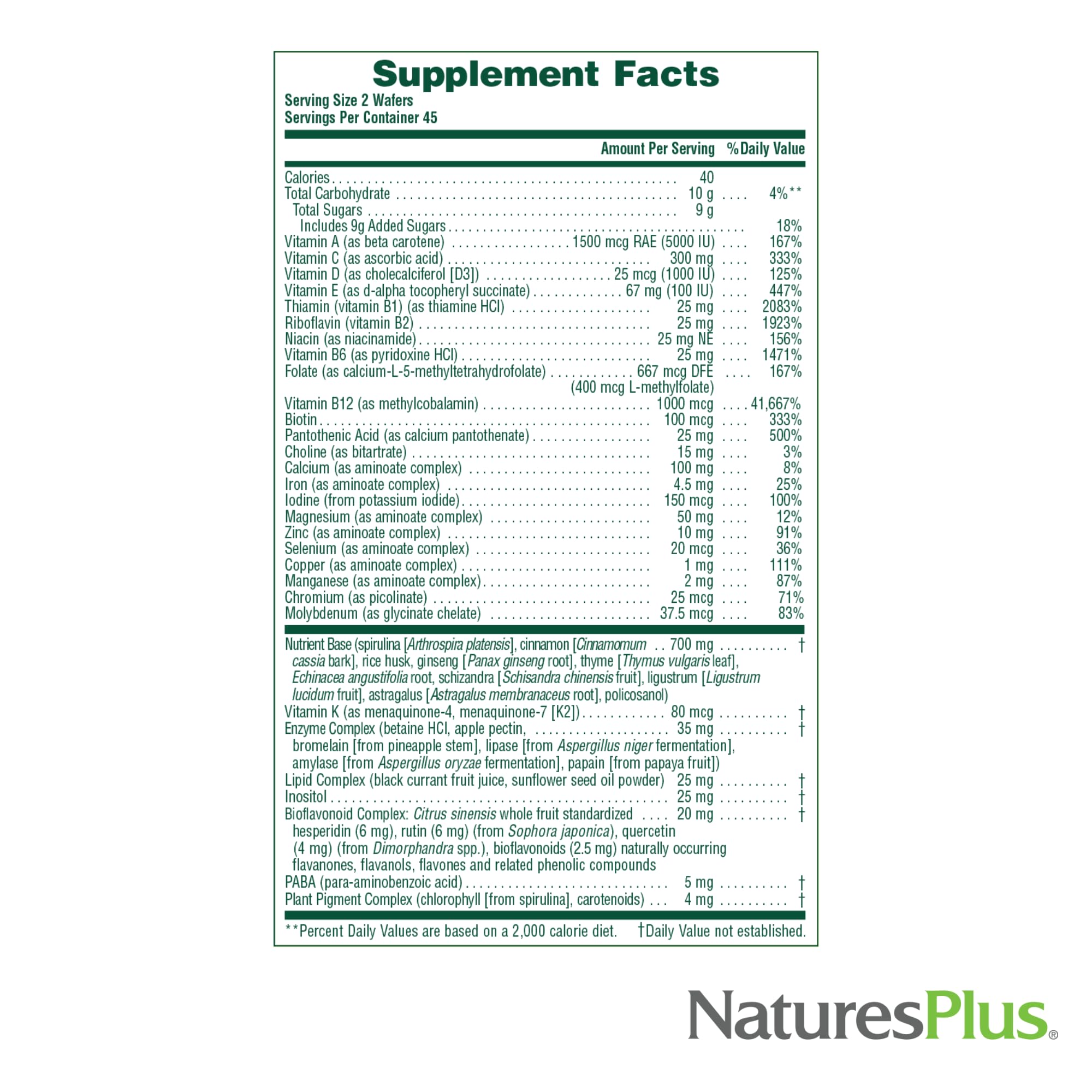 Nature's Plus Source of Life nutrition facts panel for informed choices.